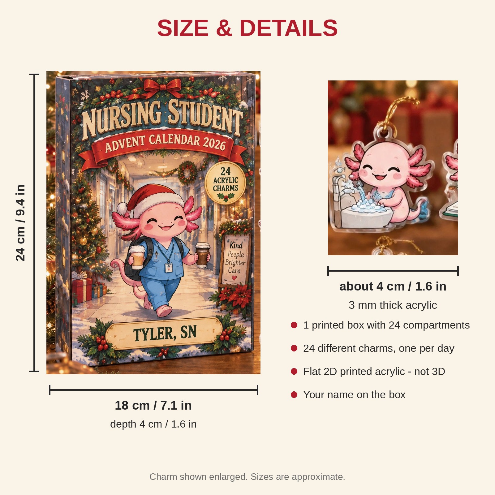Personalized Nursing Student Axolotl advent calendar box with 24 flat acrylic Christmas charms: box and charm sizes