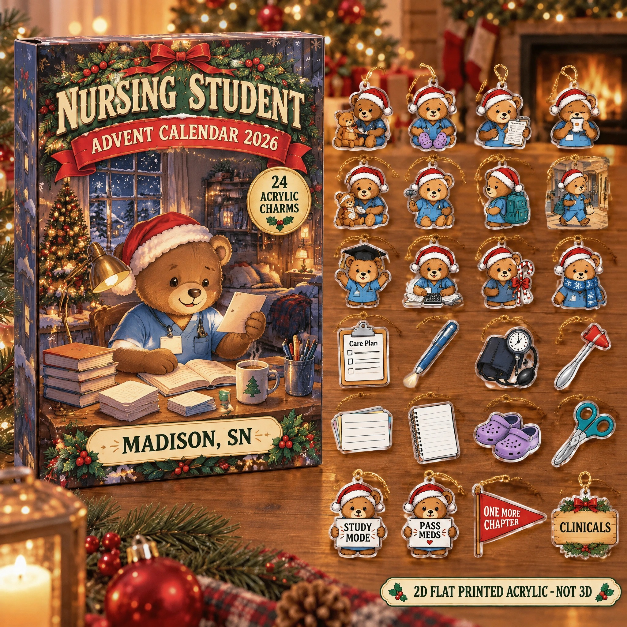 Personalized Nursing Student Bear advent calendar box with 24 flat acrylic Christmas charms