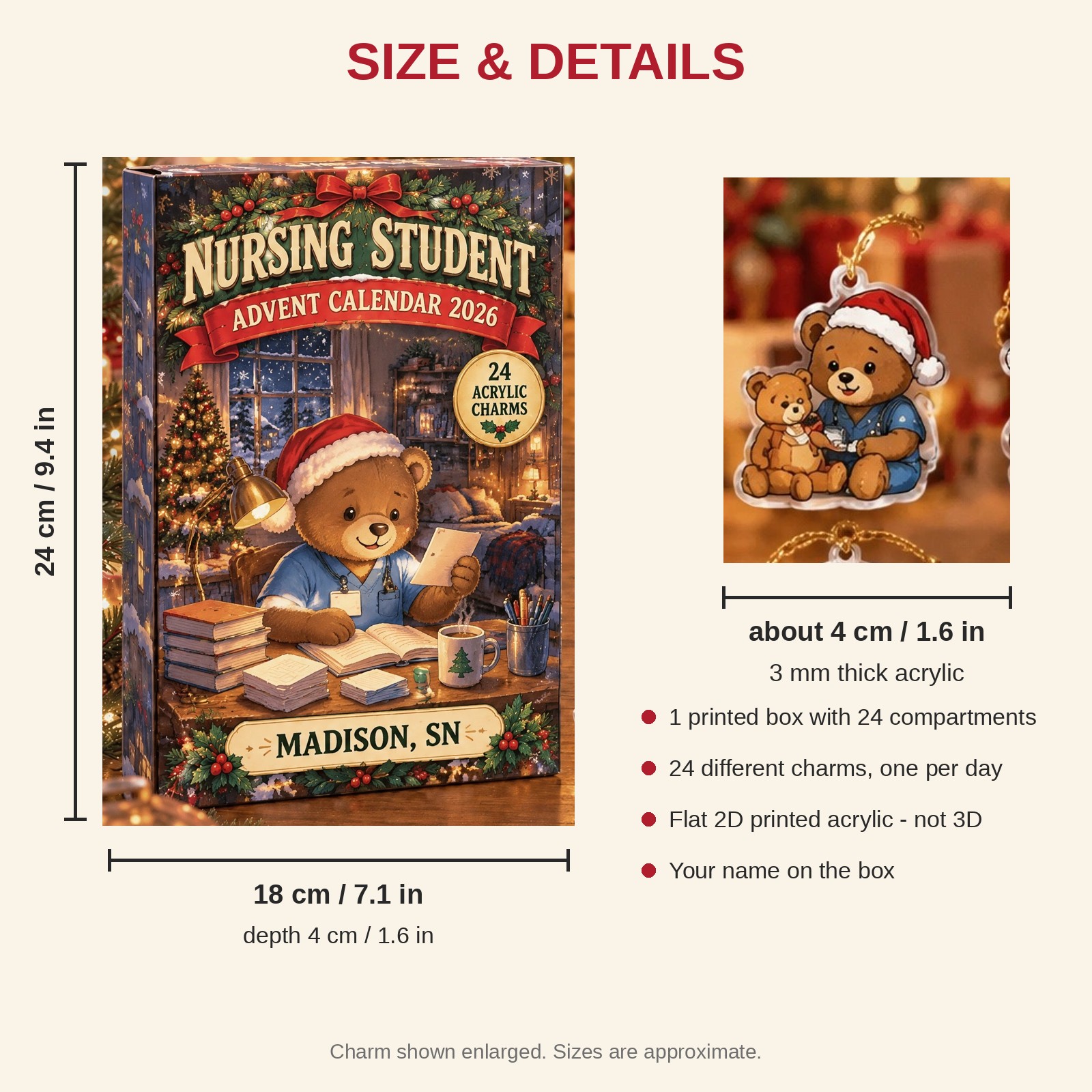 Personalized Nursing Student Bear advent calendar box with 24 flat acrylic Christmas charms: box and charm sizes