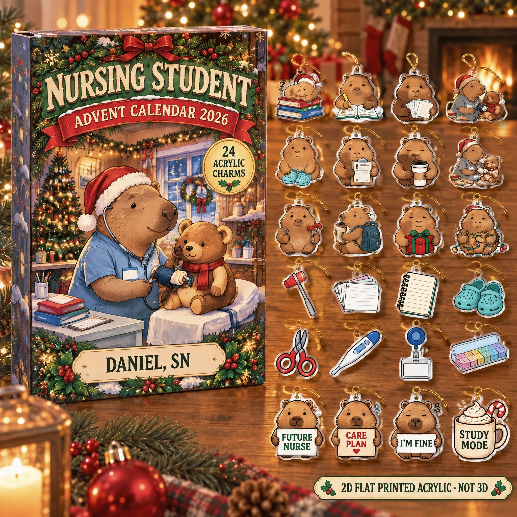 Personalized Nursing Student Capybara advent calendar box with 24 flat acrylic Christmas charms