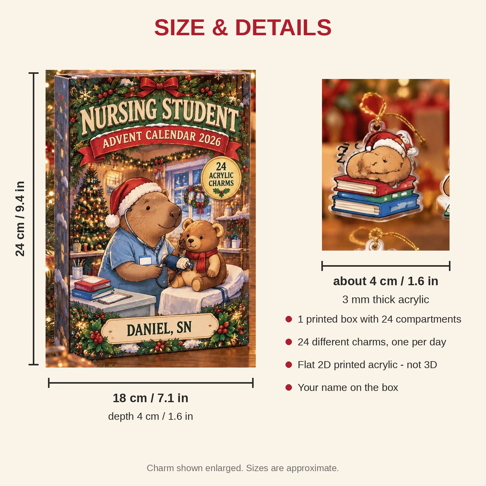 Personalized Nursing Student Capybara advent calendar box with 24 flat acrylic Christmas charms: box and charm sizes