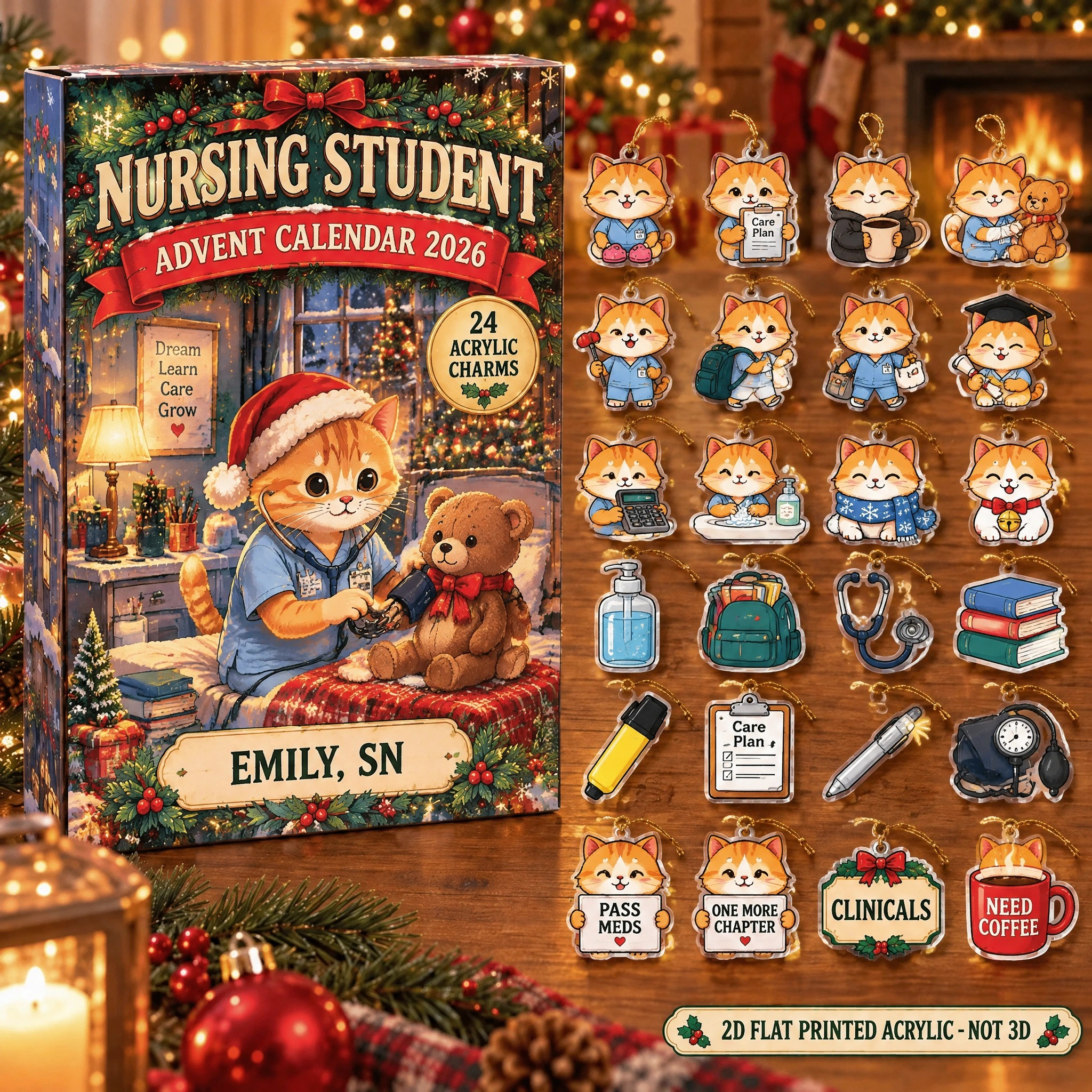 Personalized Nursing Student Cat advent calendar box with 24 flat acrylic Christmas charms