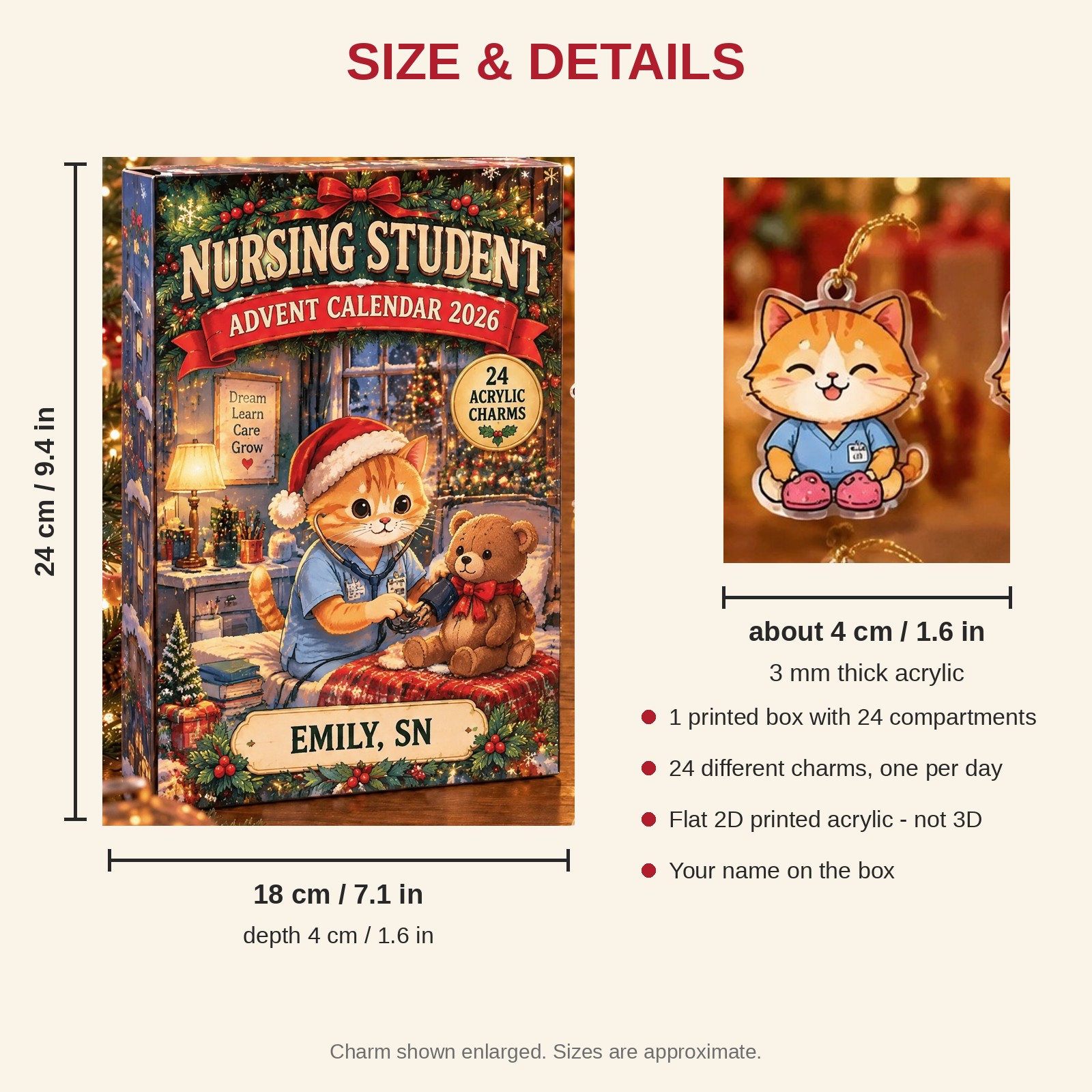 Personalized Nursing Student Cat advent calendar box with 24 flat acrylic Christmas charms: box and charm sizes