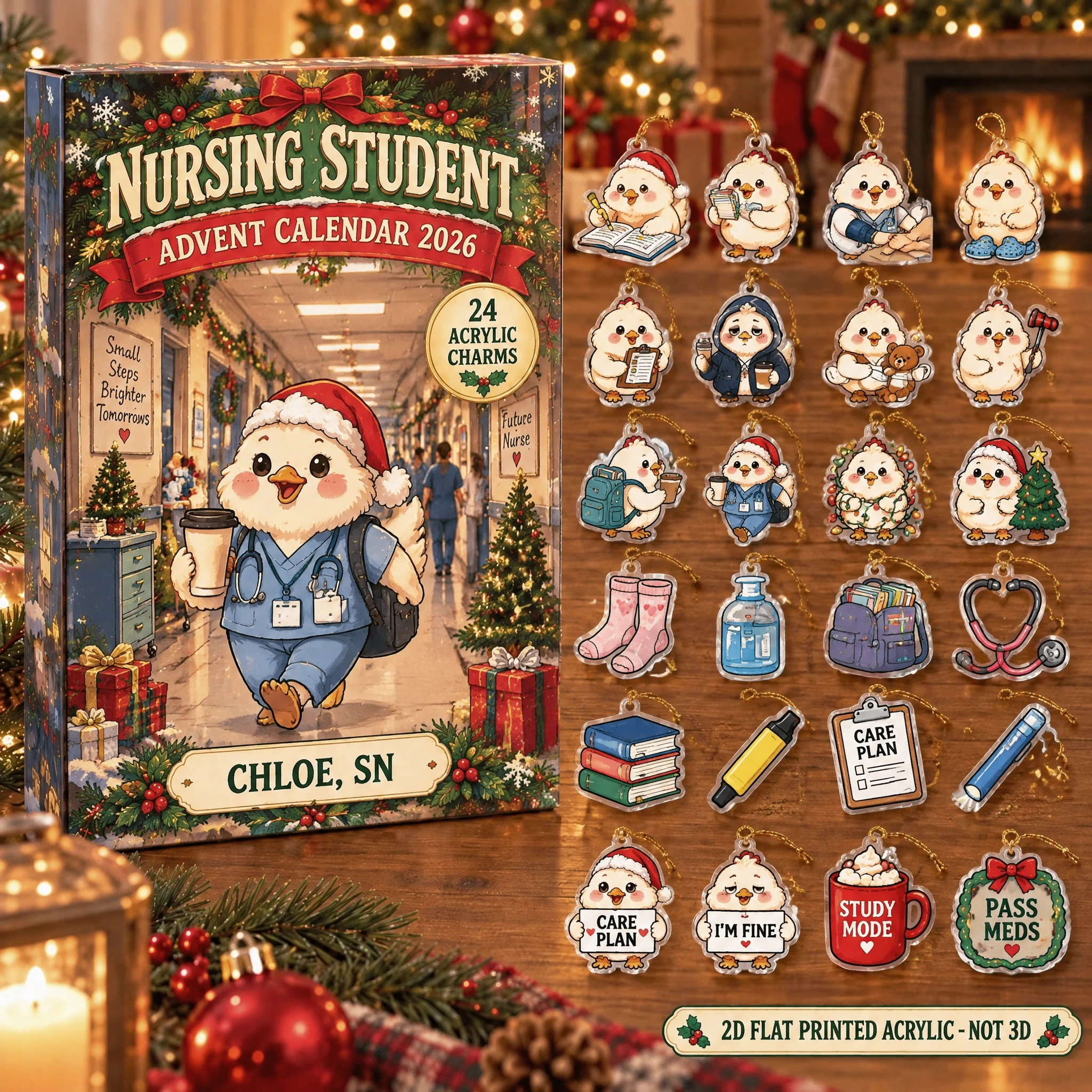 Personalized Nursing Student Chicken advent calendar box with 24 flat acrylic Christmas charms