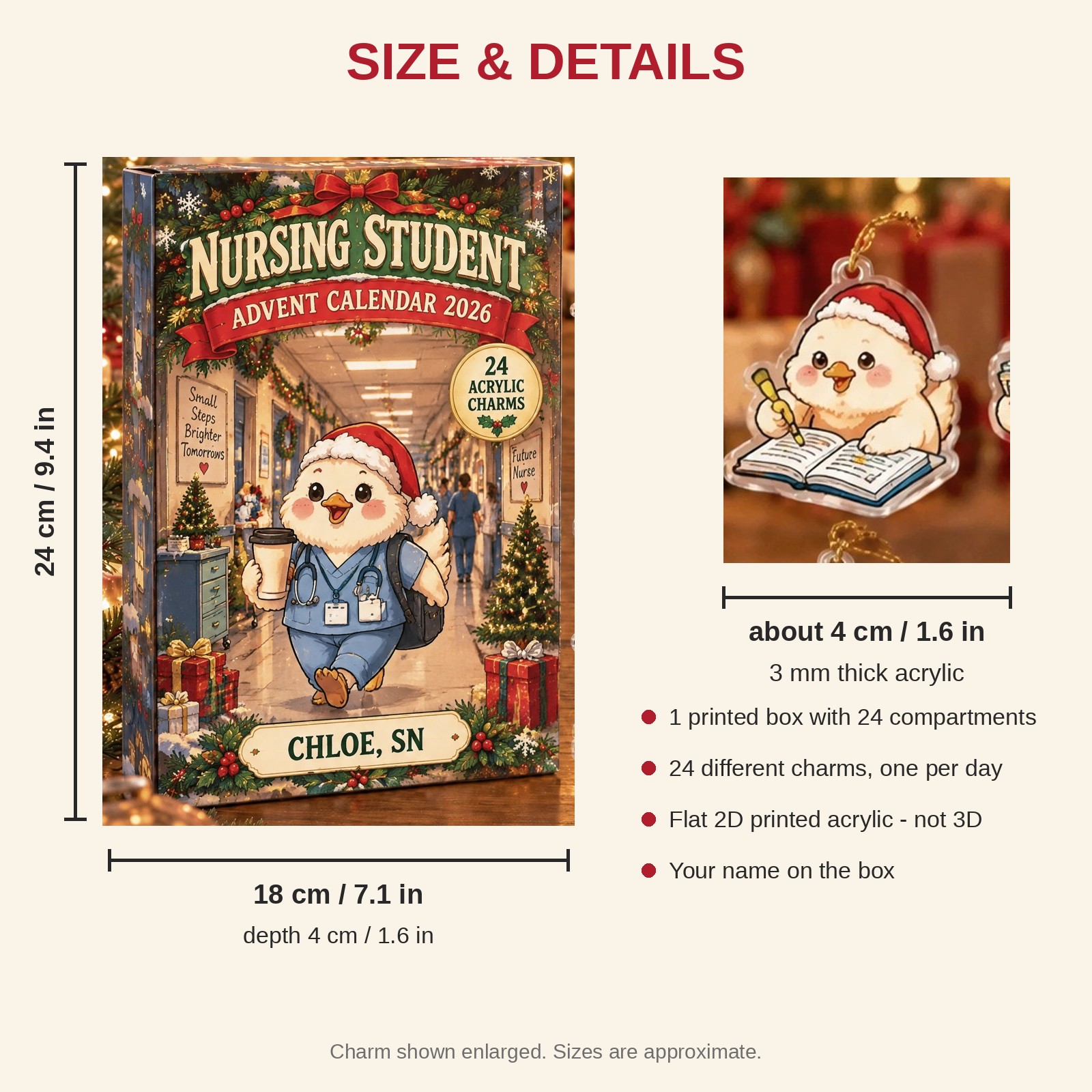 Personalized Nursing Student Chicken advent calendar box with 24 flat acrylic Christmas charms: box and charm sizes