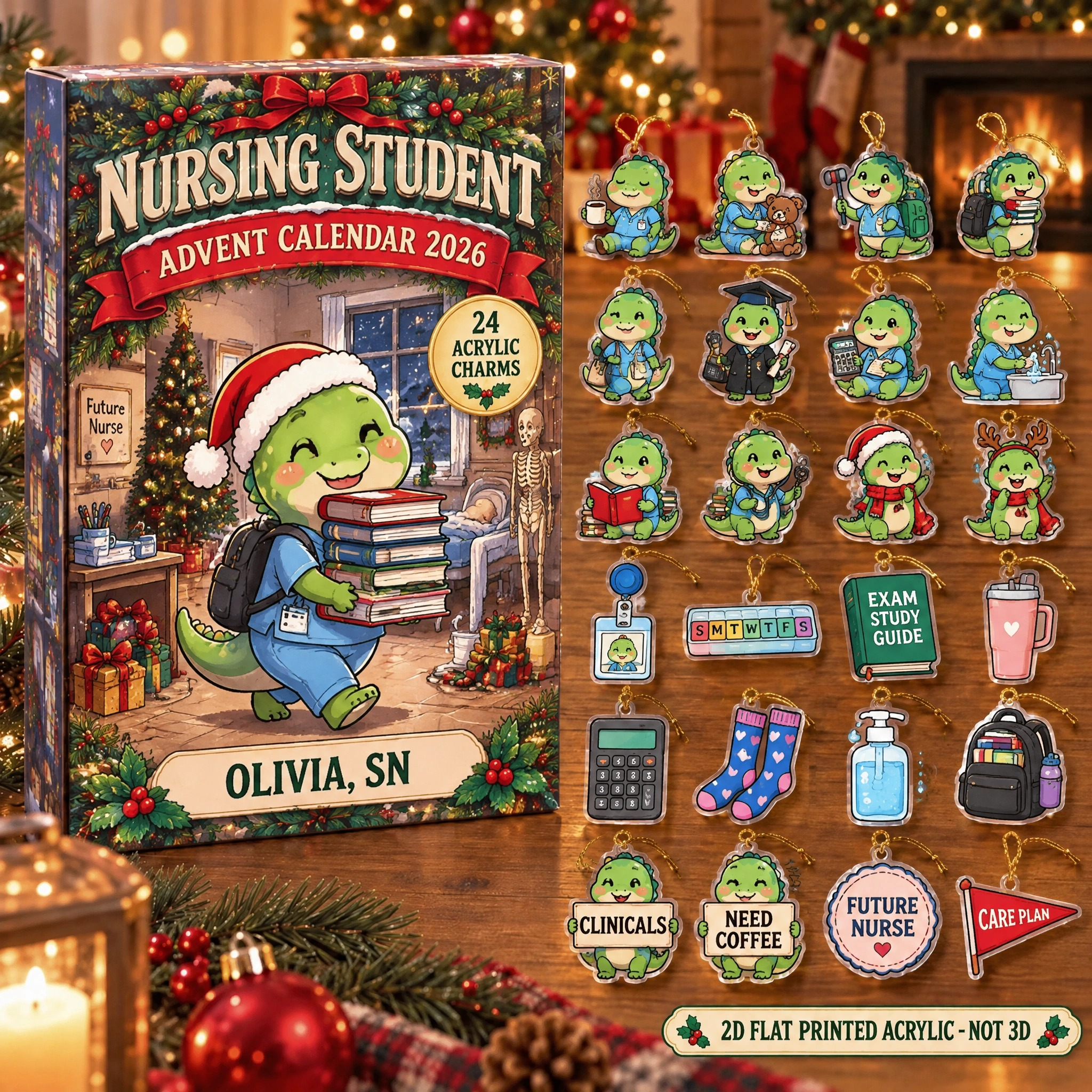 Personalized Nursing Student Dinosaur advent calendar box with 24 flat acrylic Christmas charms