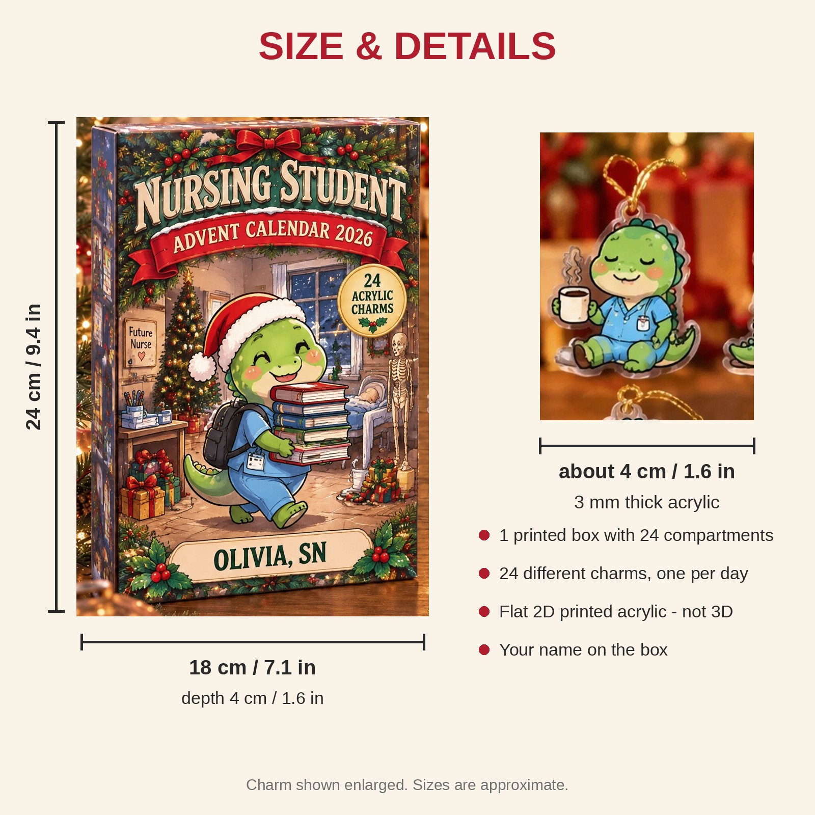 Personalized Nursing Student Dinosaur advent calendar box with 24 flat acrylic Christmas charms: box and charm sizes