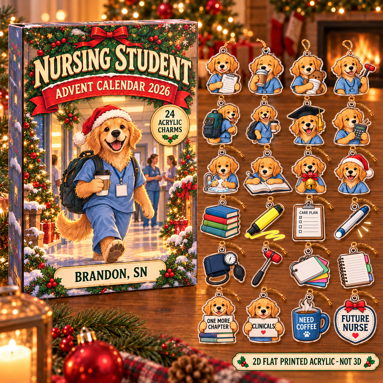 Personalized Nursing Student Dog advent calendar box with 24 flat acrylic Christmas charms