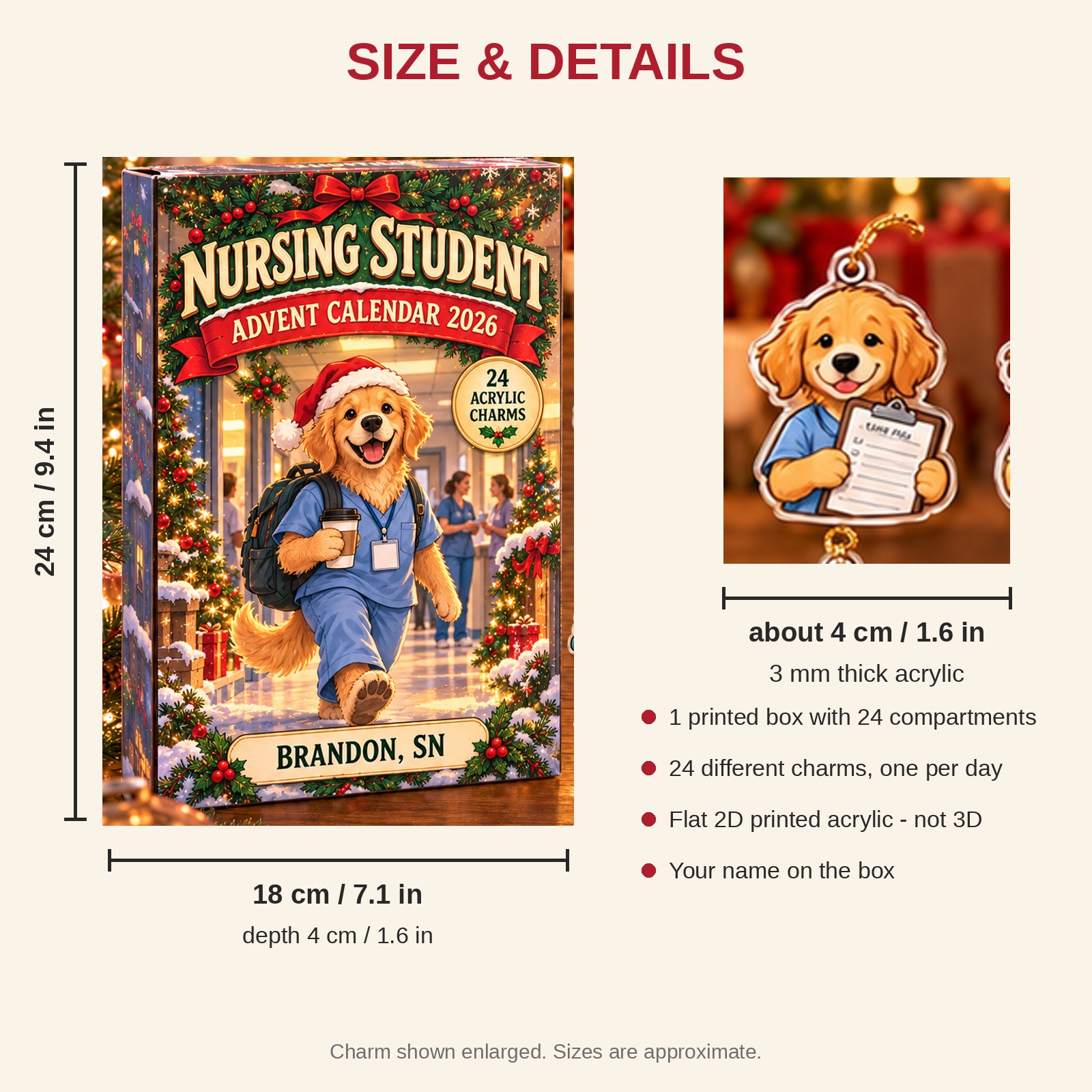Personalized Nursing Student Dog advent calendar box with 24 flat acrylic Christmas charms: box and charm sizes