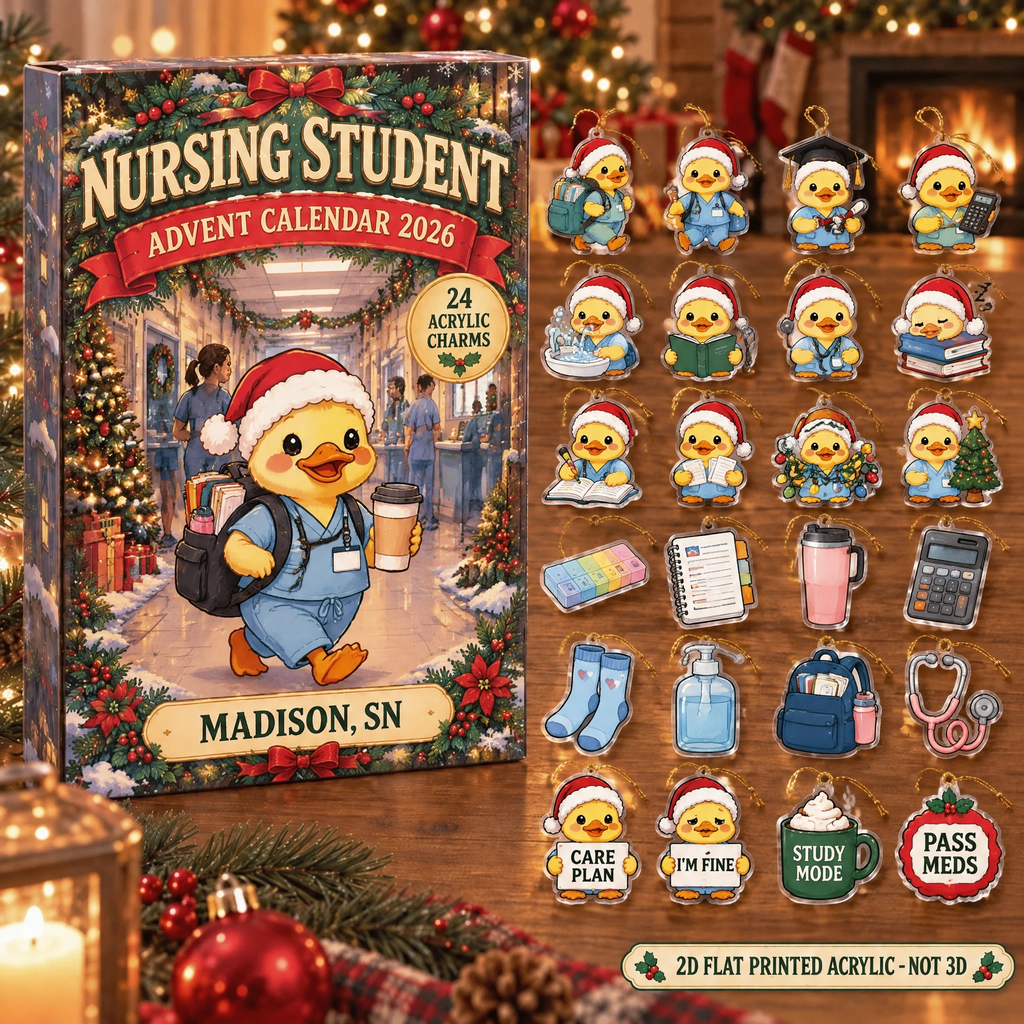 Personalized Nursing Student Duck advent calendar box with 24 flat acrylic Christmas charms