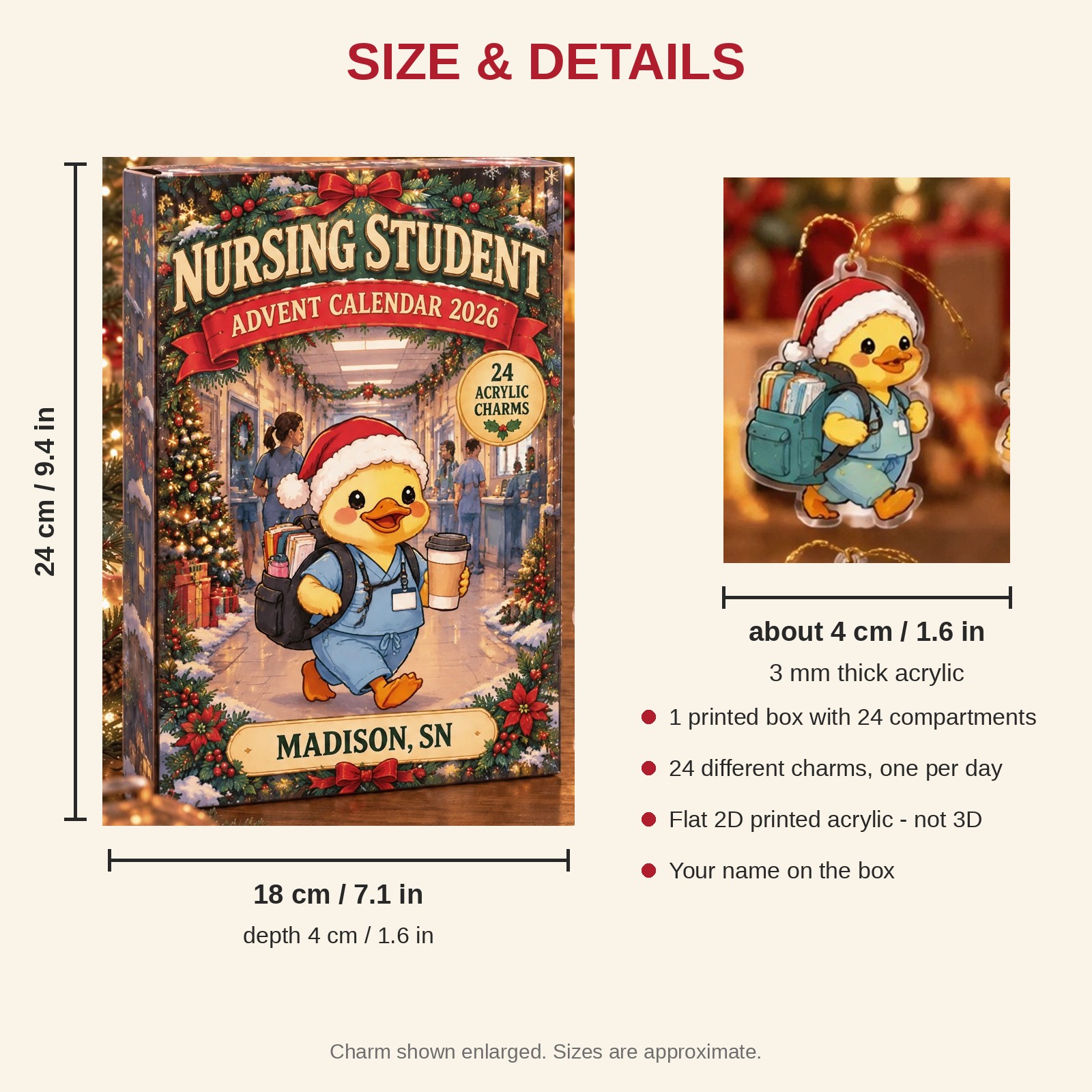 Personalized Nursing Student Duck advent calendar box with 24 flat acrylic Christmas charms: box and charm sizes