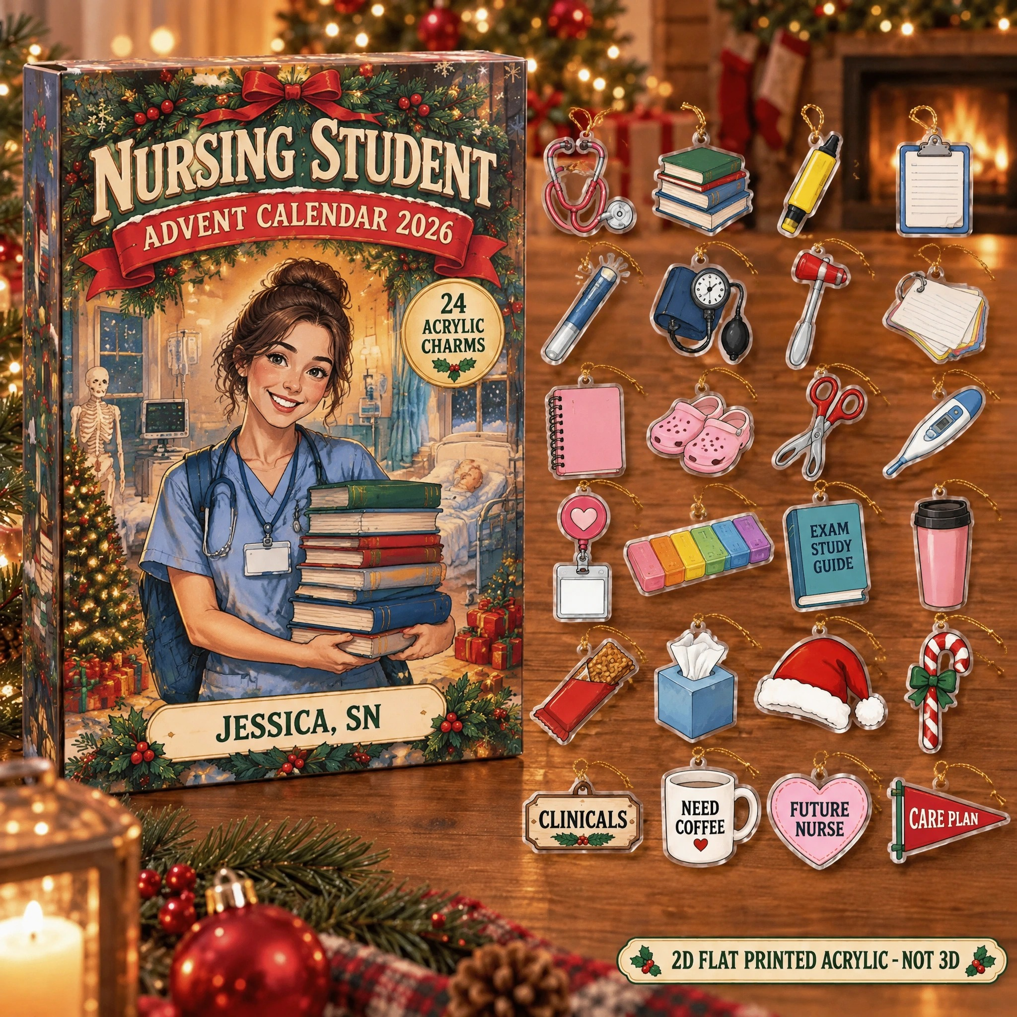 Personalized Nursing Student Essentials advent calendar box with 24 flat acrylic Christmas charms