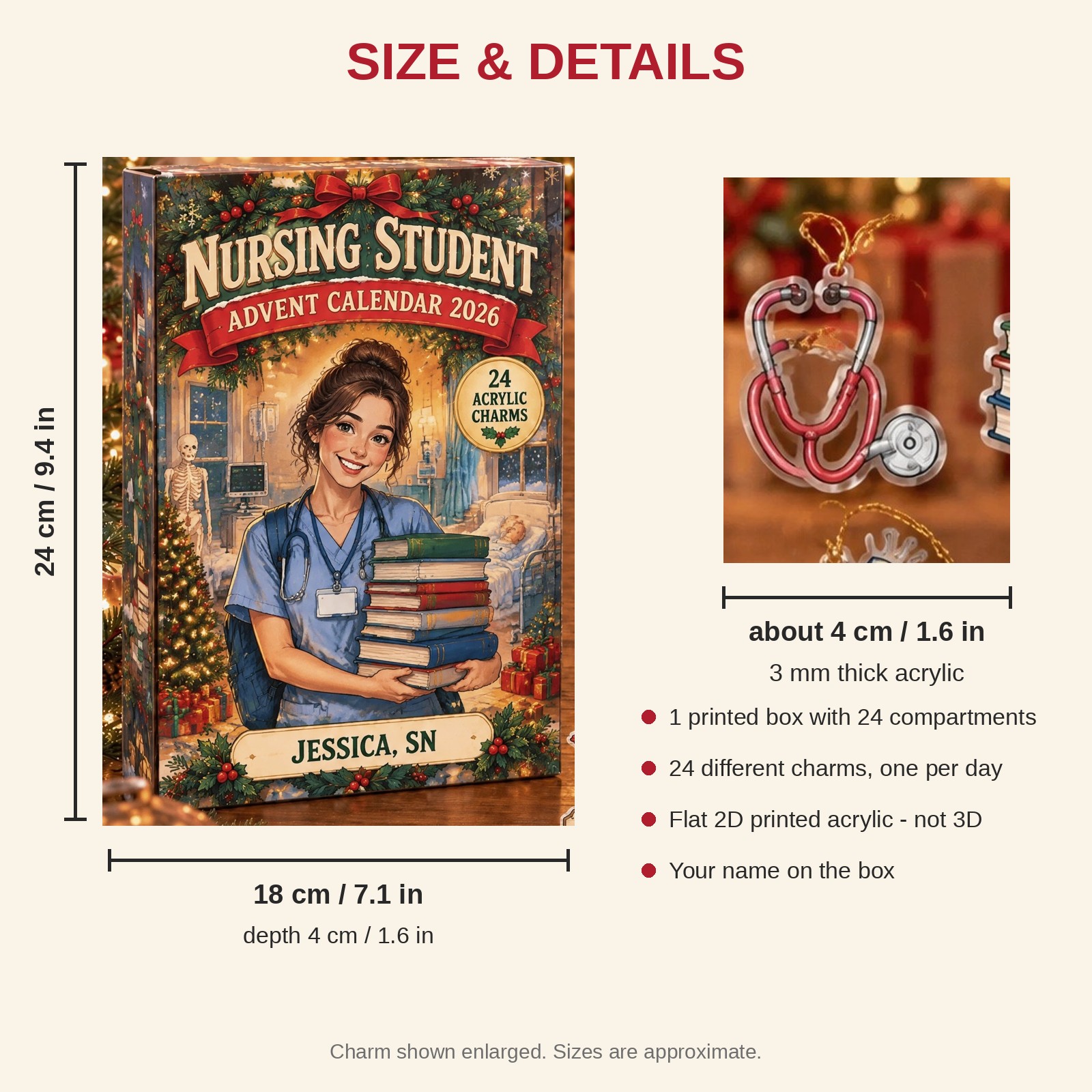 Personalized Nursing Student Essentials advent calendar box with 24 flat acrylic Christmas charms: box and charm sizes