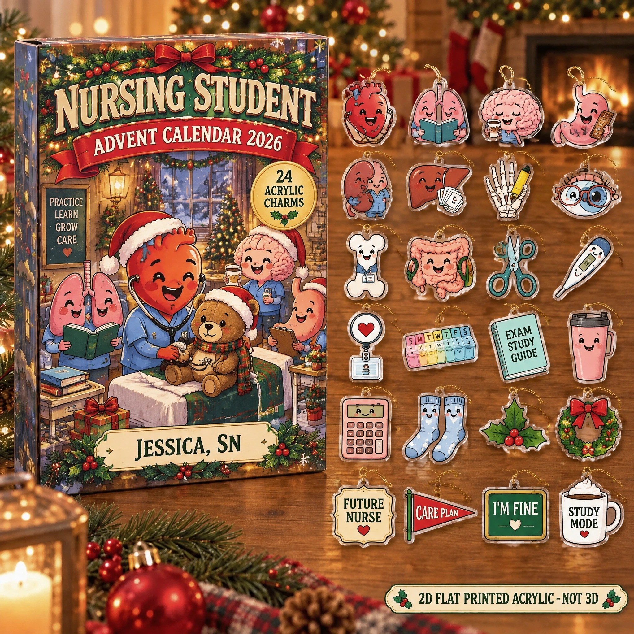Personalized Funny Anatomy Nurse Student advent calendar box with 24 flat acrylic Christmas charms