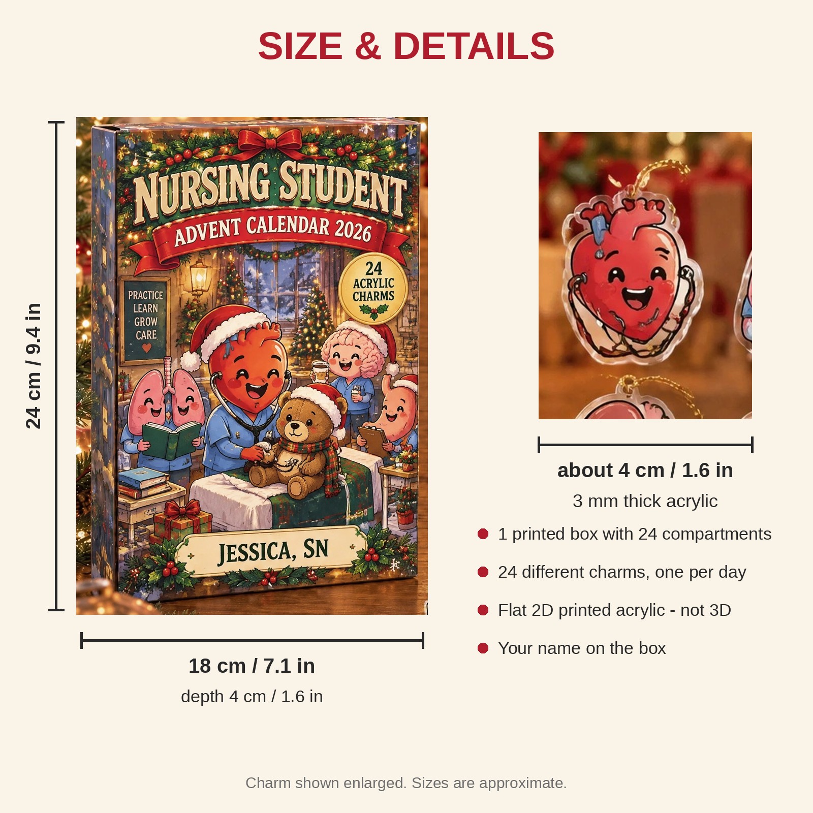 Personalized Funny Anatomy Nurse Student advent calendar box with 24 flat acrylic Christmas charms: box and charm sizes