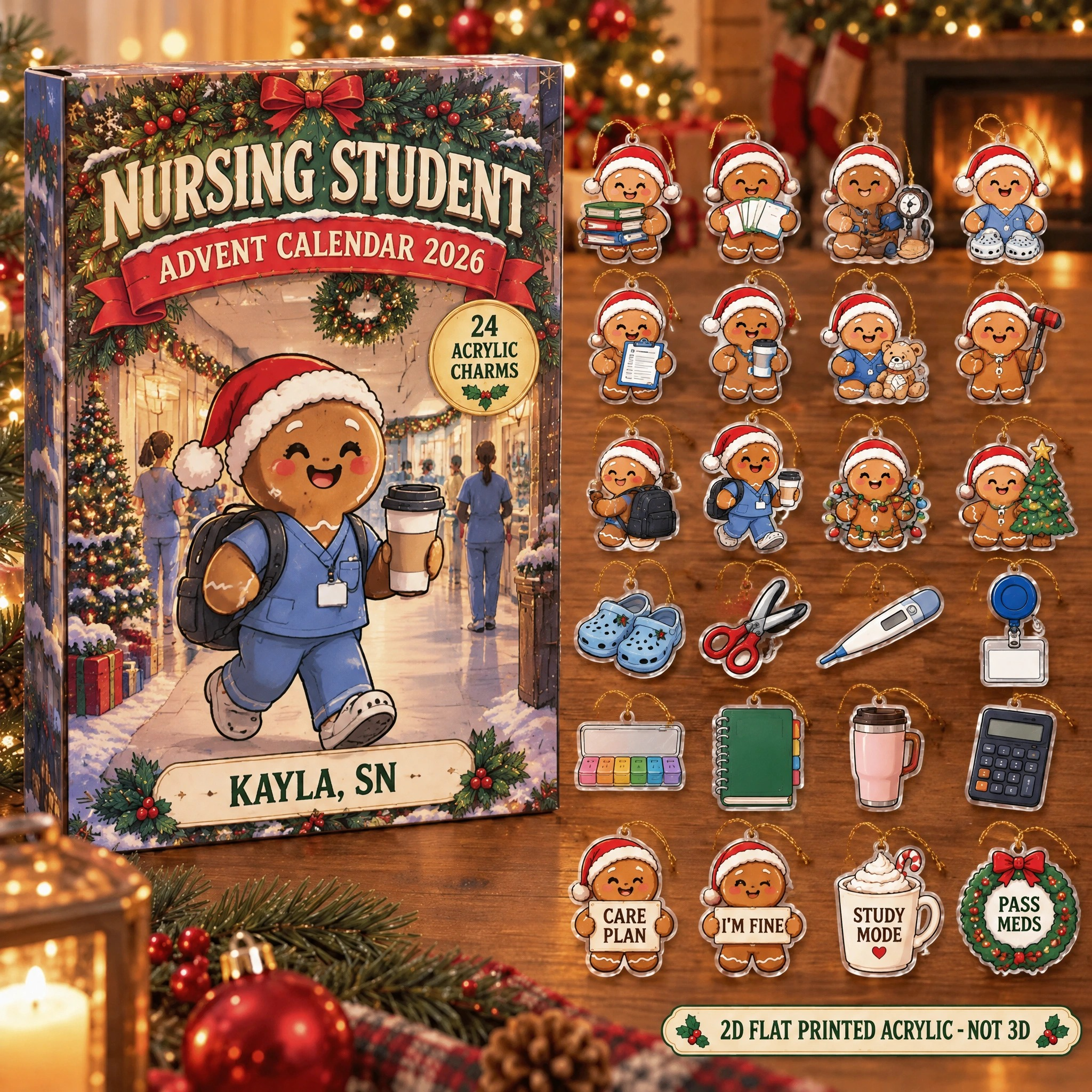 Personalized Nursing Student Gingerbread advent calendar box with 24 flat acrylic Christmas charms