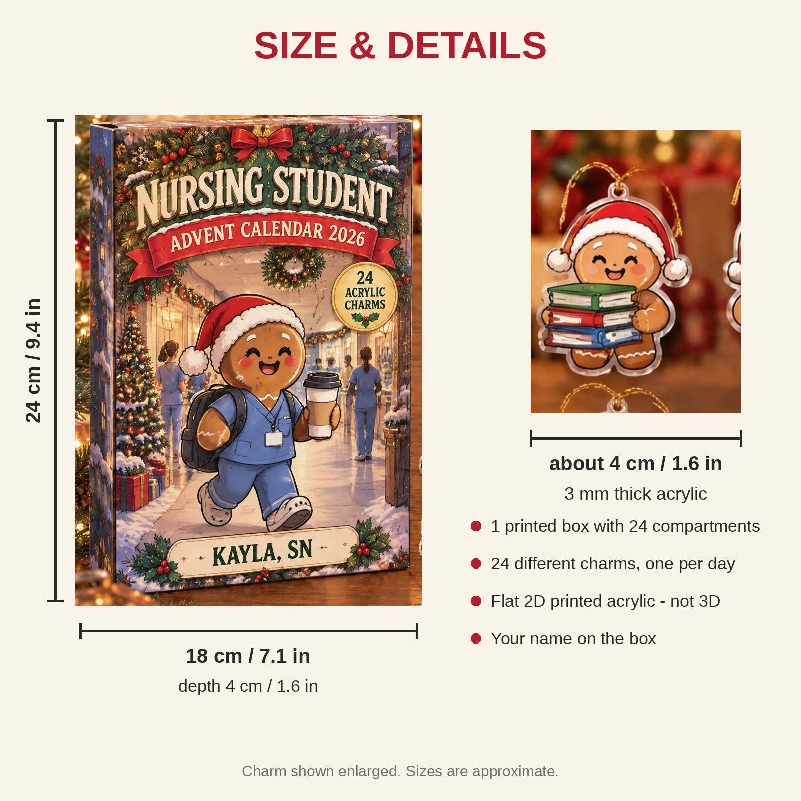 Personalized Nursing Student Gingerbread advent calendar box with 24 flat acrylic Christmas charms: box and charm sizes