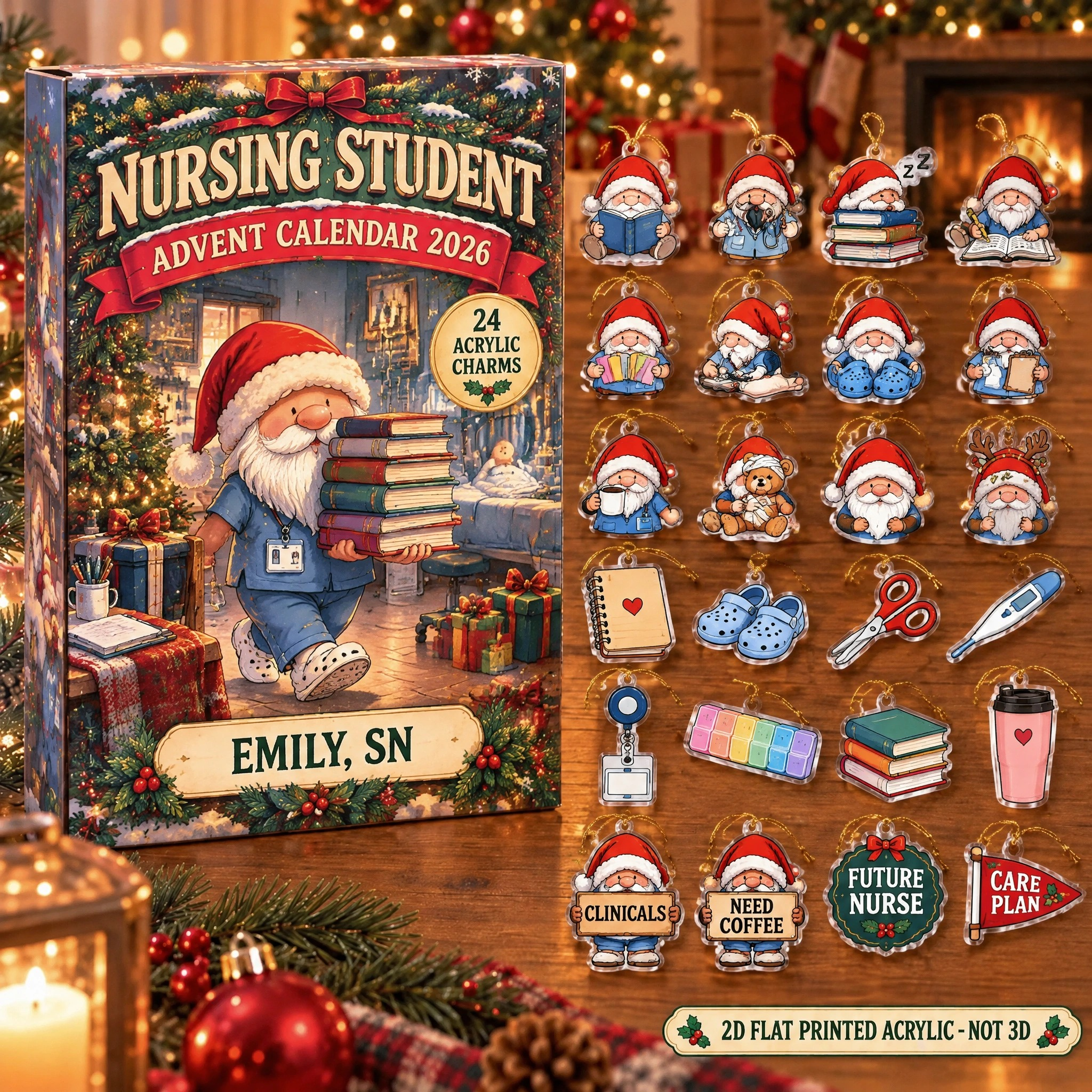 Personalized Nursing Student Gnome advent calendar box with 24 flat acrylic Christmas charms