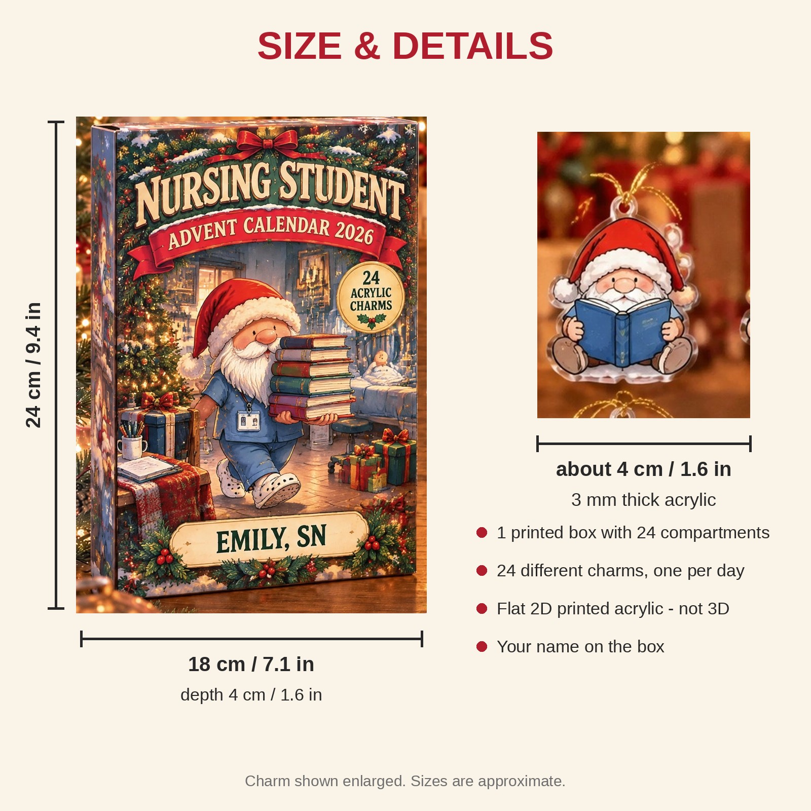 Personalized Nursing Student Gnome advent calendar box with 24 flat acrylic Christmas charms: box and charm sizes