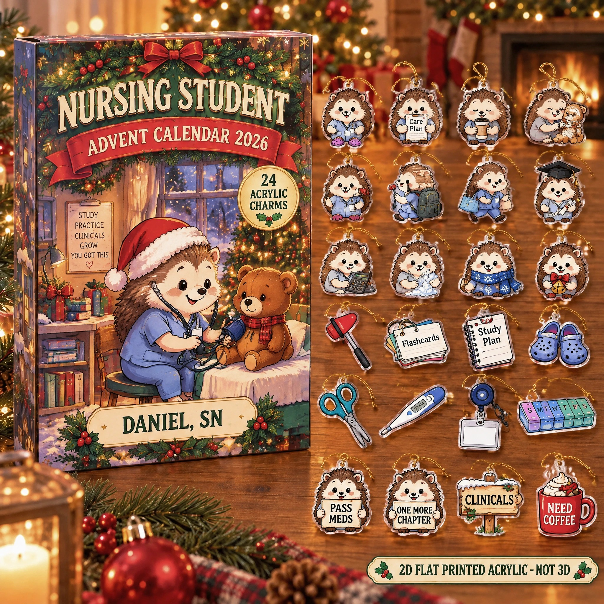 Personalized Nursing Student Hedgehog advent calendar box with 24 flat acrylic Christmas charms