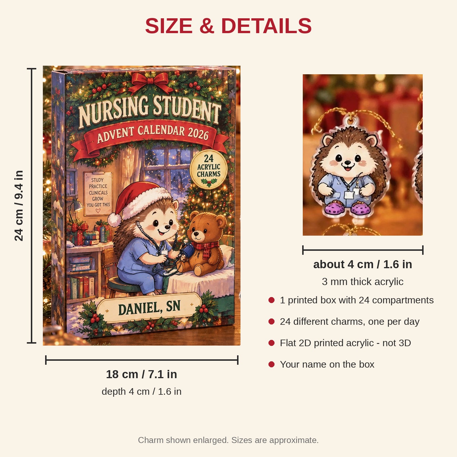 Personalized Nursing Student Hedgehog advent calendar box with 24 flat acrylic Christmas charms: box and charm sizes