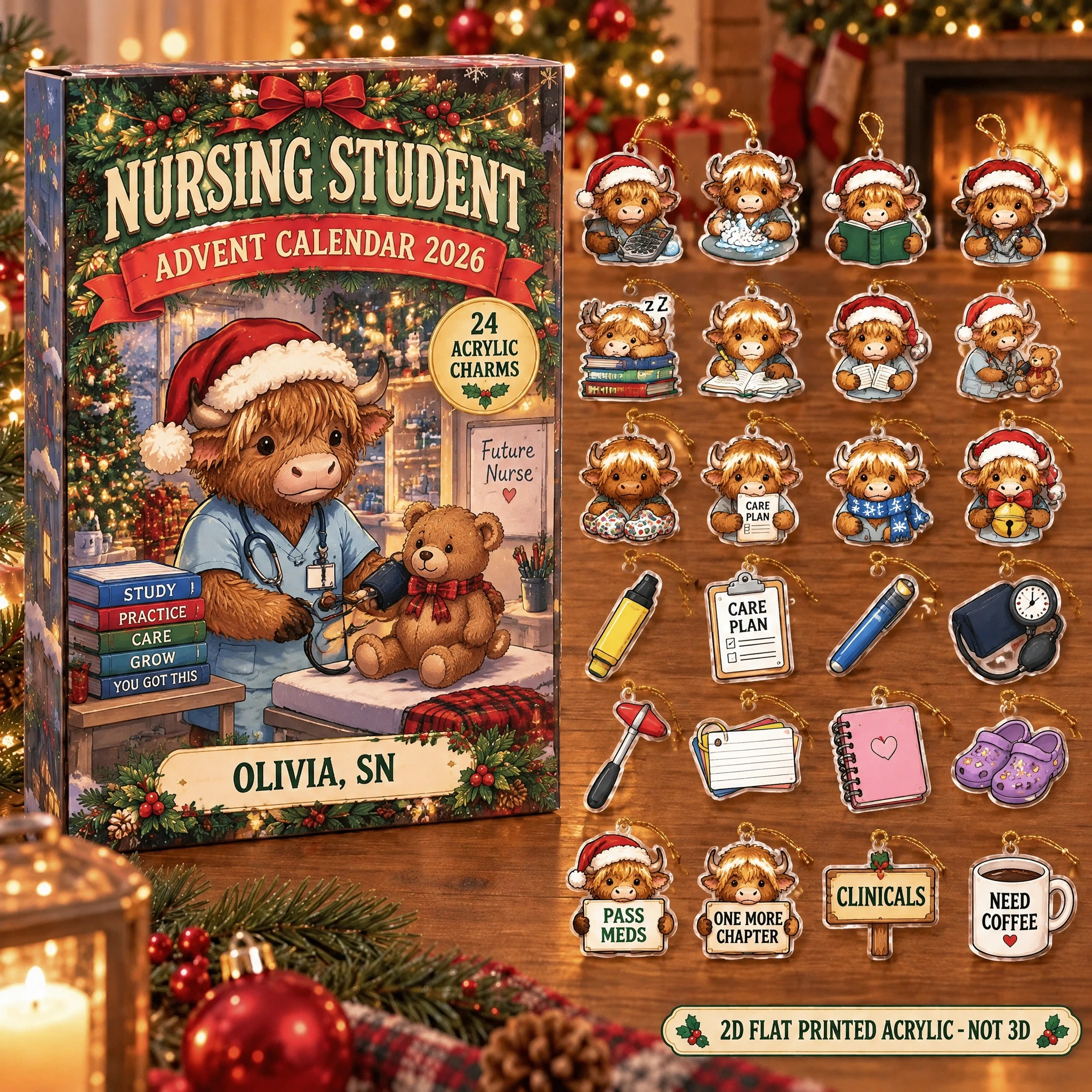 Personalized Nursing Student Highland Cow advent calendar box with 24 flat acrylic Christmas charms