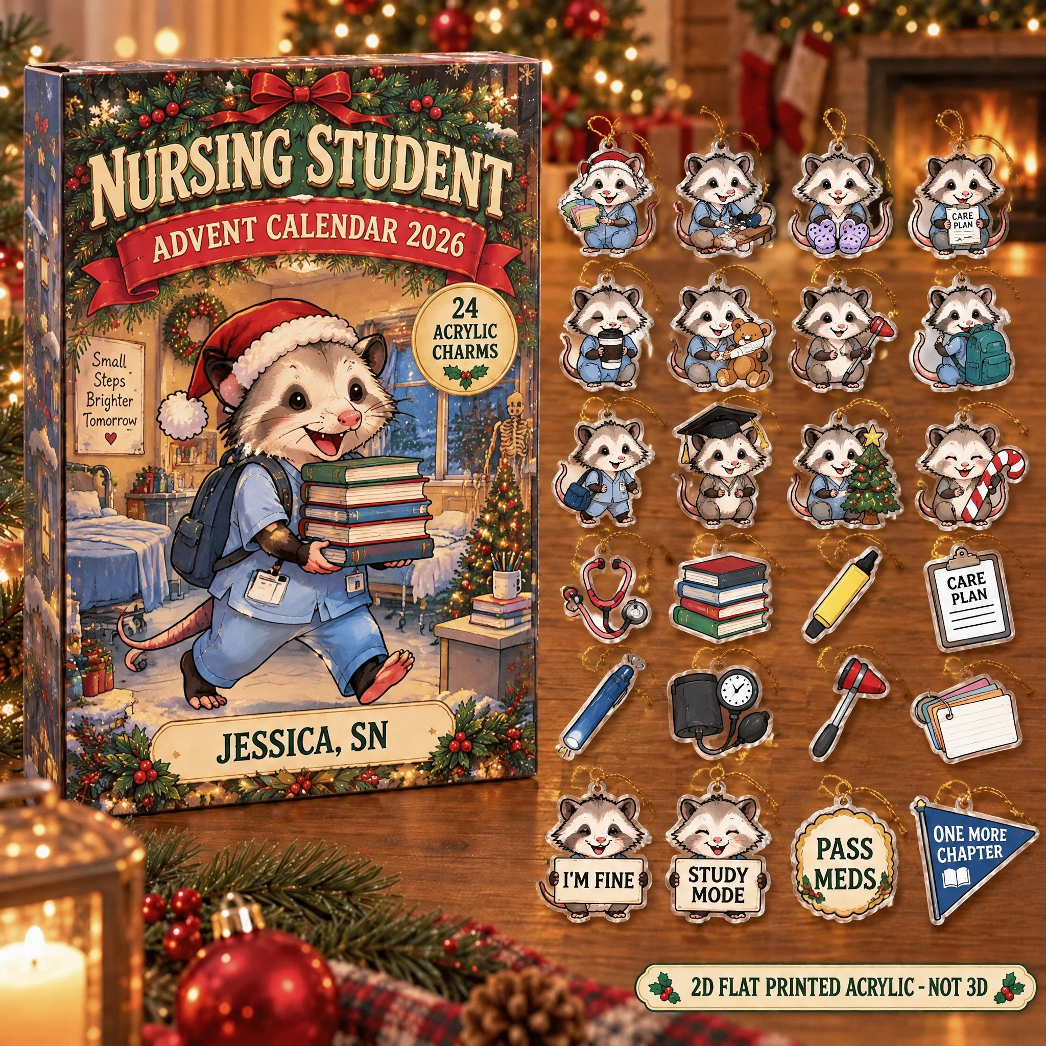 Personalized Nursing Student Opossum advent calendar box with 24 flat acrylic Christmas charms