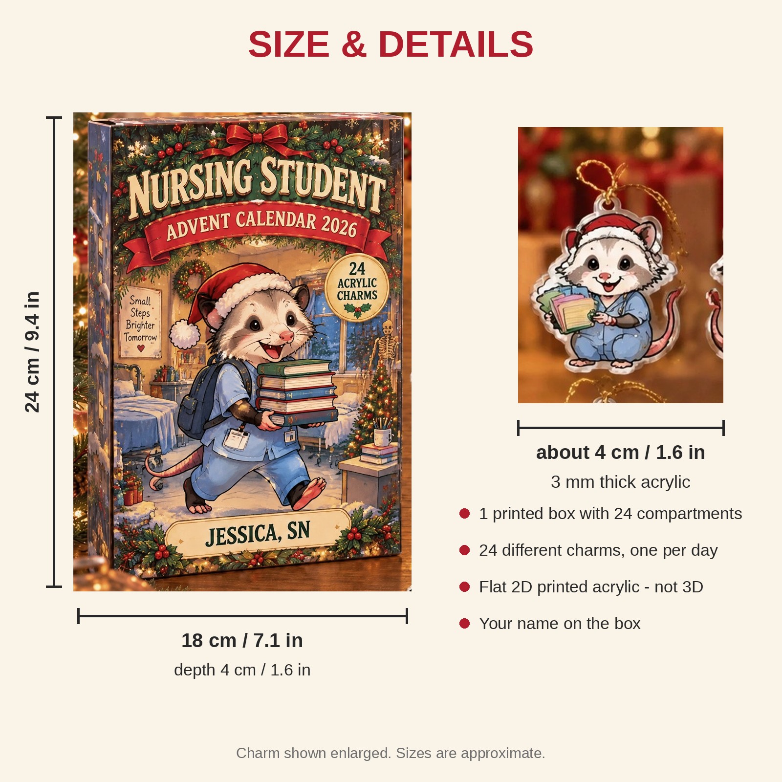 Personalized Nursing Student Opossum advent calendar box with 24 flat acrylic Christmas charms: box and charm sizes
