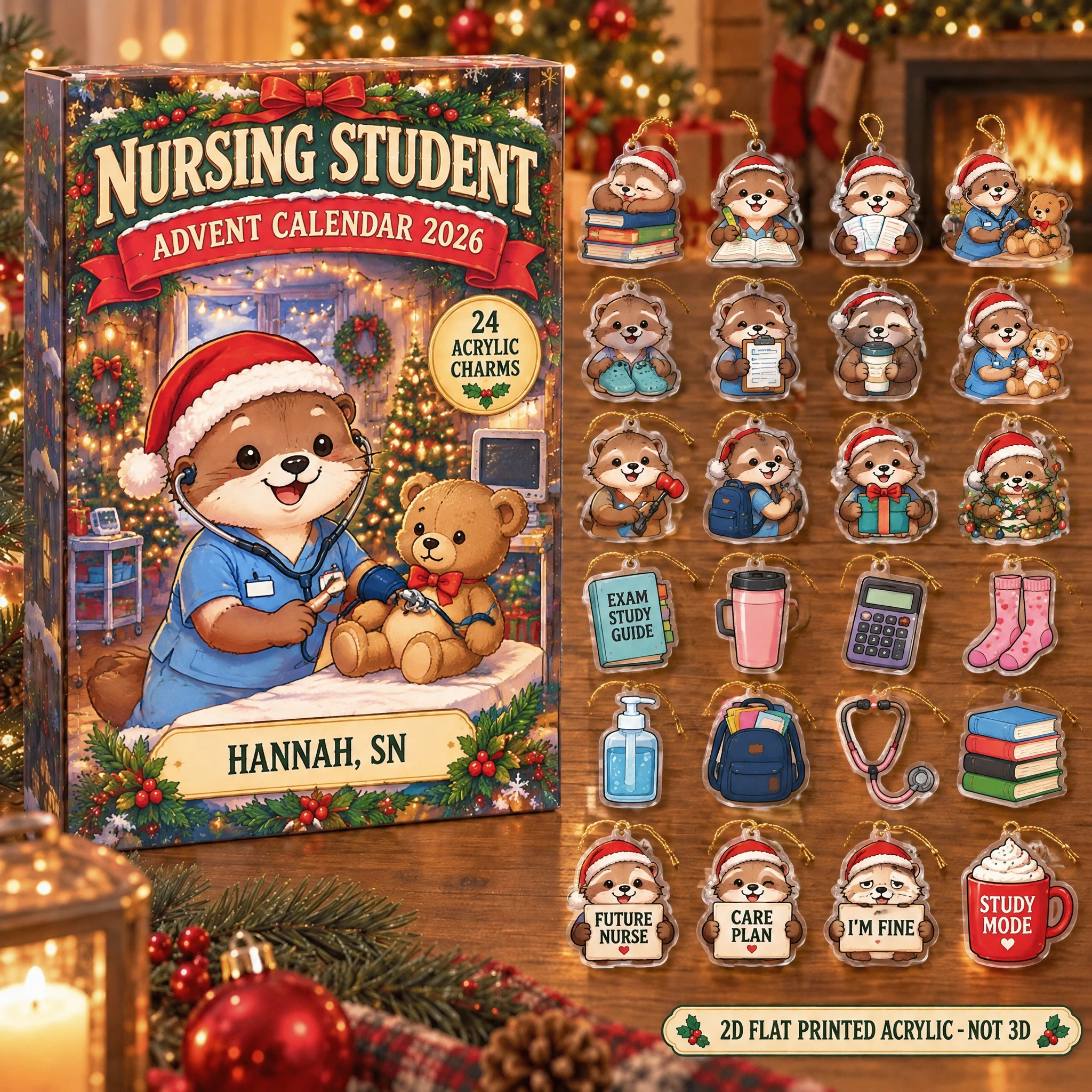 Personalized Nursing Student Otter advent calendar box with 24 flat acrylic Christmas charms