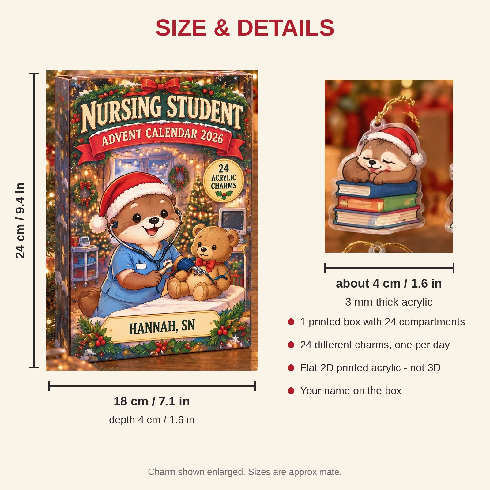 Personalized Nursing Student Otter advent calendar box with 24 flat acrylic Christmas charms: box and charm sizes