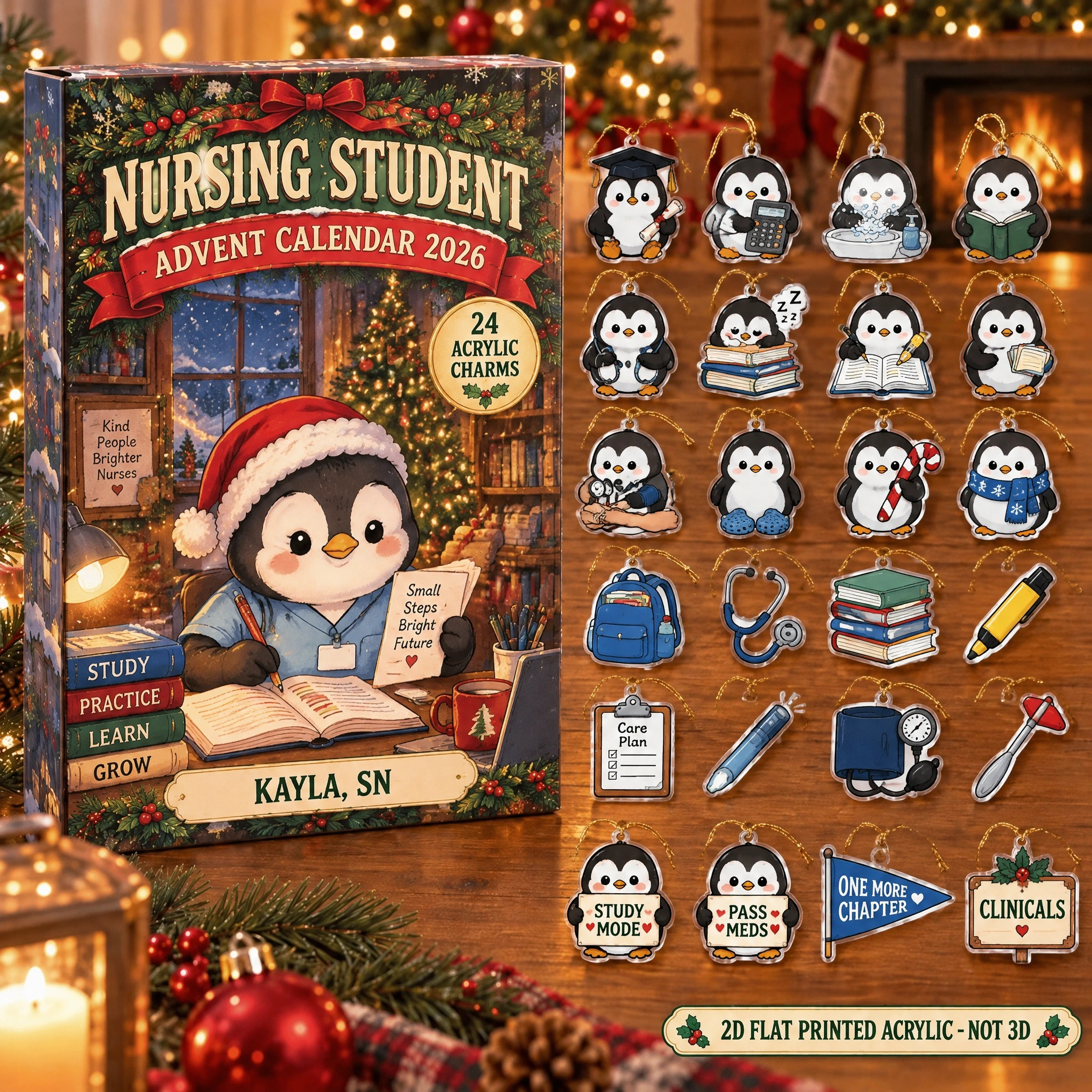 Personalized Nursing Student Penguin advent calendar box with 24 flat acrylic Christmas charms
