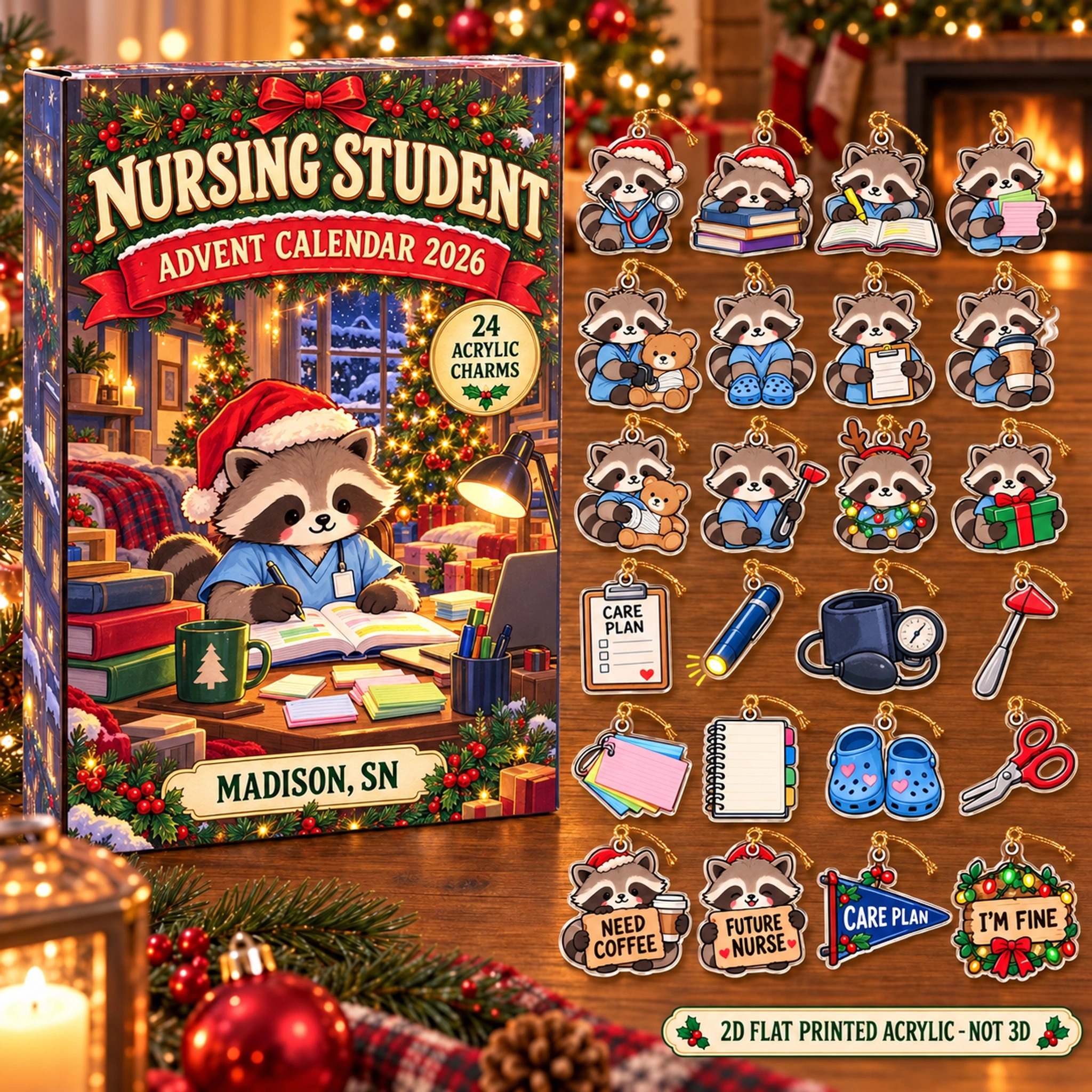 Personalized Nursing Student Raccoon advent calendar box with 24 flat acrylic Christmas charms