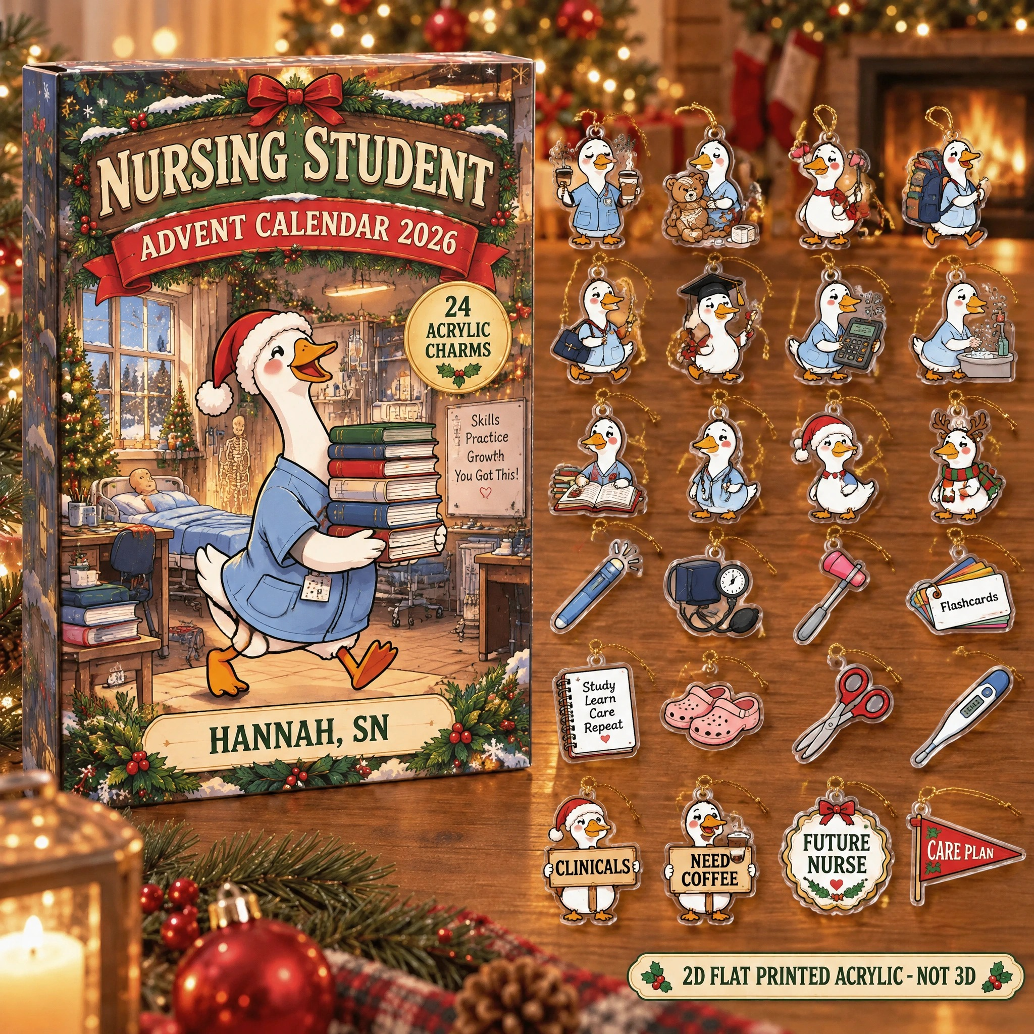 Personalized Nursing Student Silly Goose advent calendar box with 24 flat acrylic Christmas charms