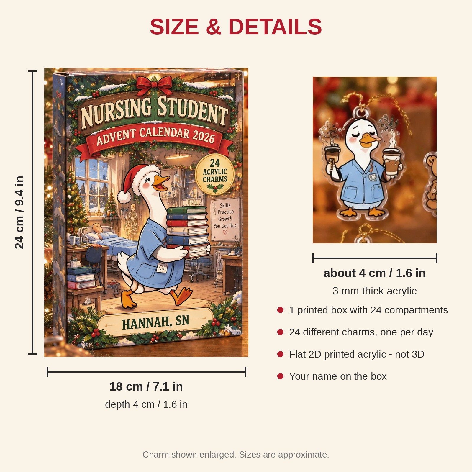 Personalized Nursing Student Silly Goose advent calendar box with 24 flat acrylic Christmas charms: box and charm sizes