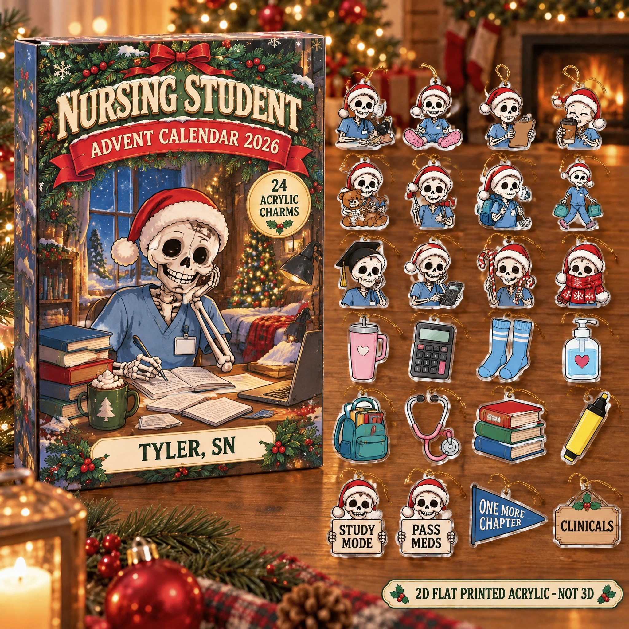 Personalized Nursing Student Skeleton advent calendar box with 24 flat acrylic Christmas charms