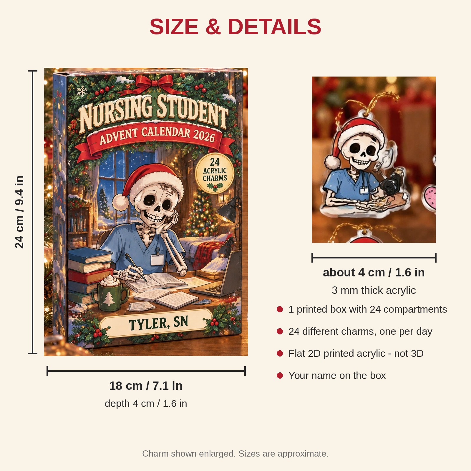 Personalized Nursing Student Skeleton advent calendar box with 24 flat acrylic Christmas charms: box and charm sizes