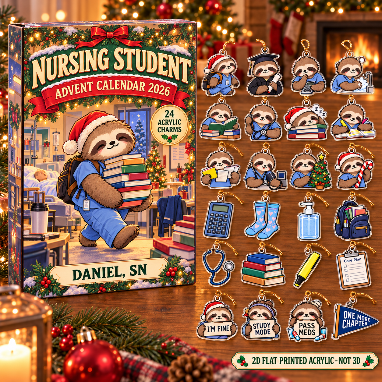 Personalized Nursing Student Sloth advent calendar box with 24 flat acrylic Christmas charms