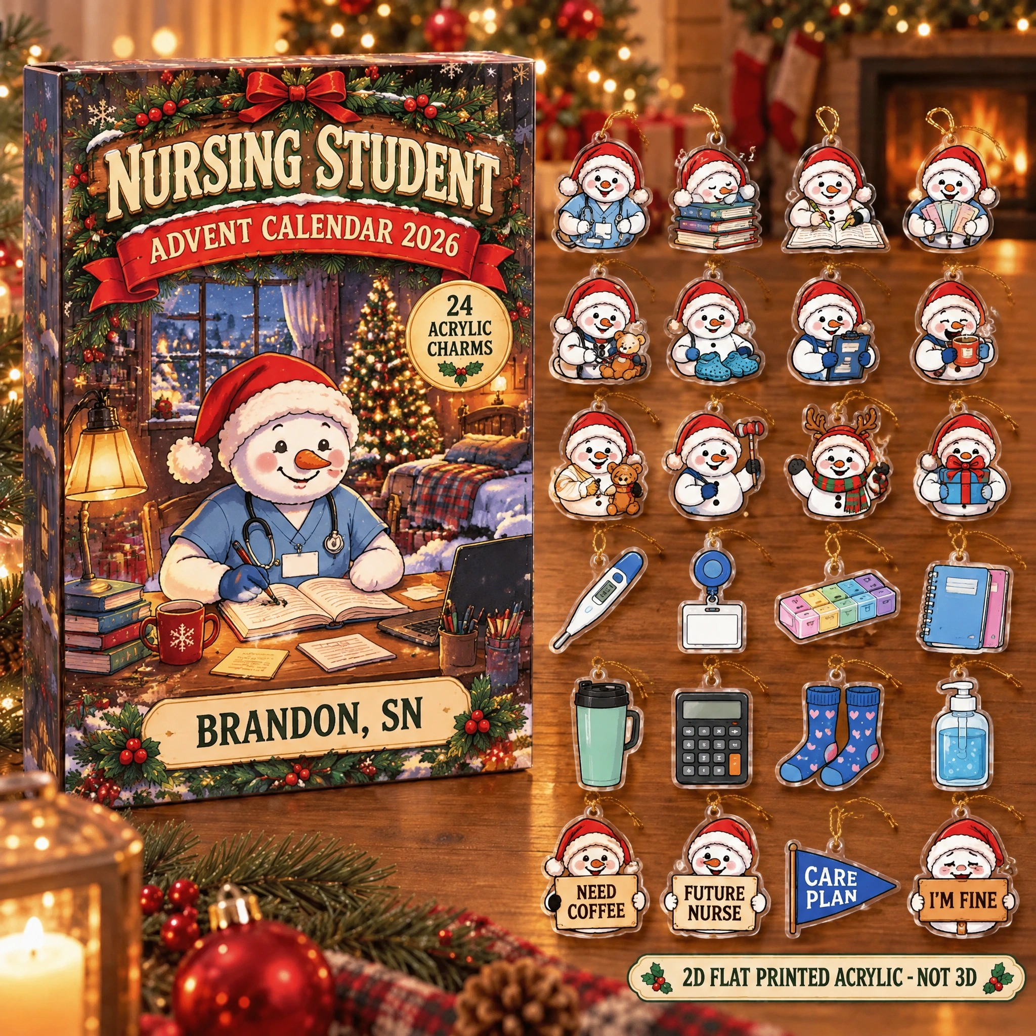 Personalized Nursing Student Snowman advent calendar box with 24 flat acrylic Christmas charms