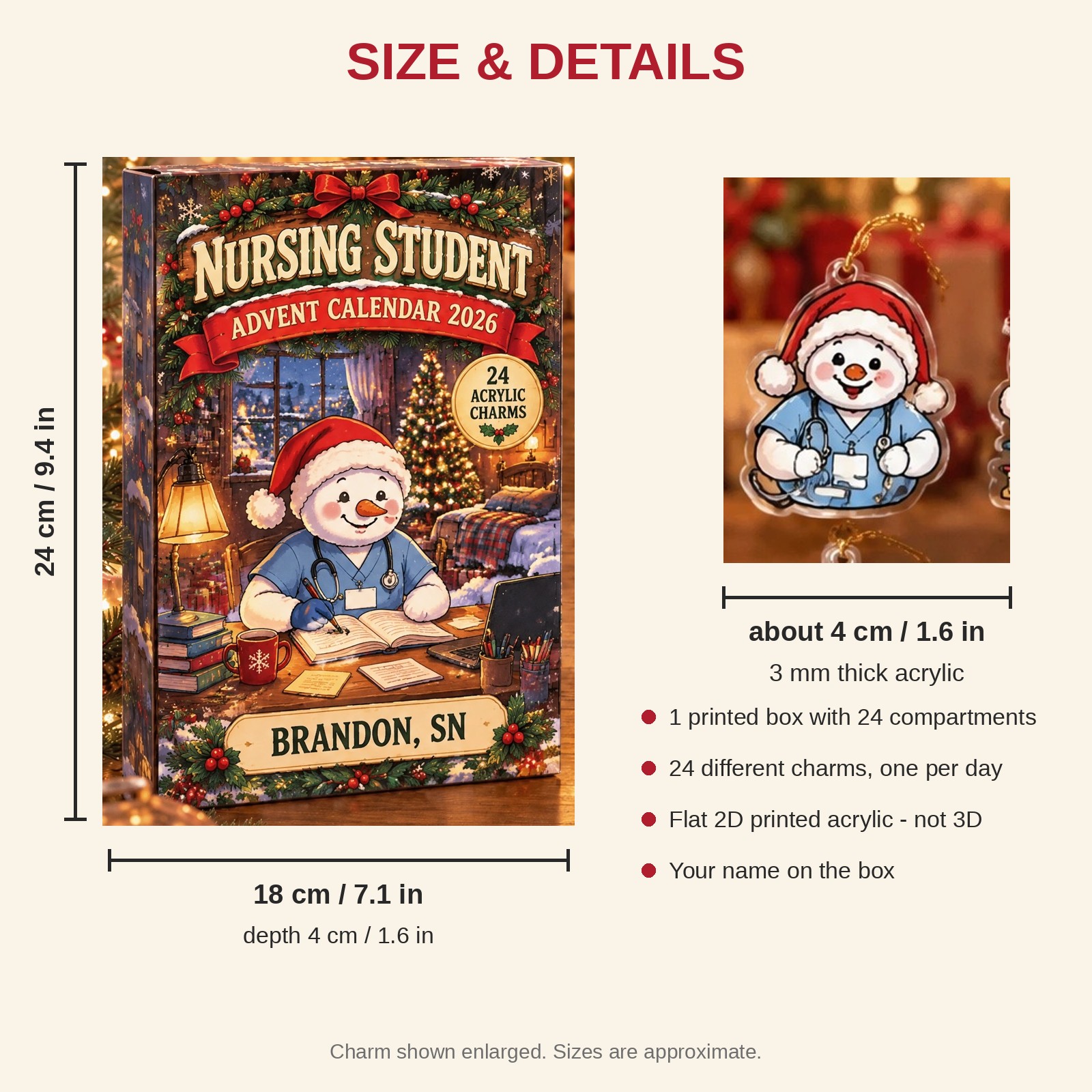 Personalized Nursing Student Snowman advent calendar box with 24 flat acrylic Christmas charms: box and charm sizes