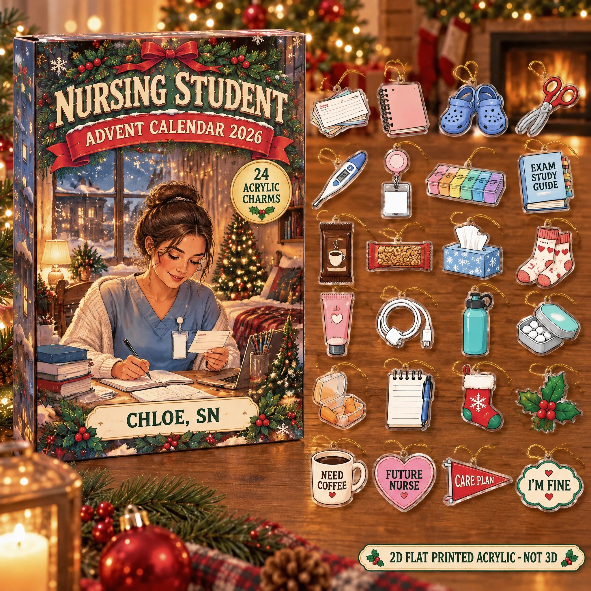 Personalized Nursing Student Survival Kit advent calendar box with 24 flat acrylic Christmas charms
