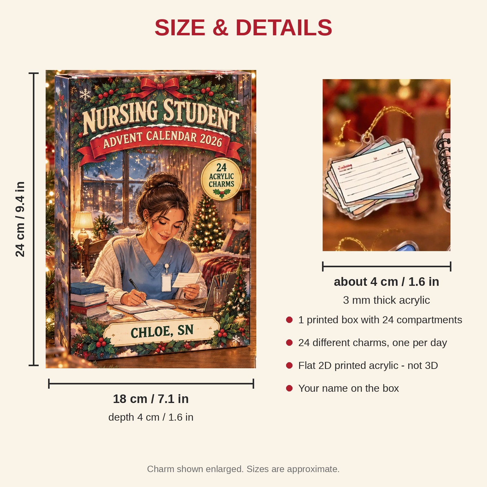 Personalized Nursing Student Survival Kit advent calendar box with 24 flat acrylic Christmas charms: box and charm sizes