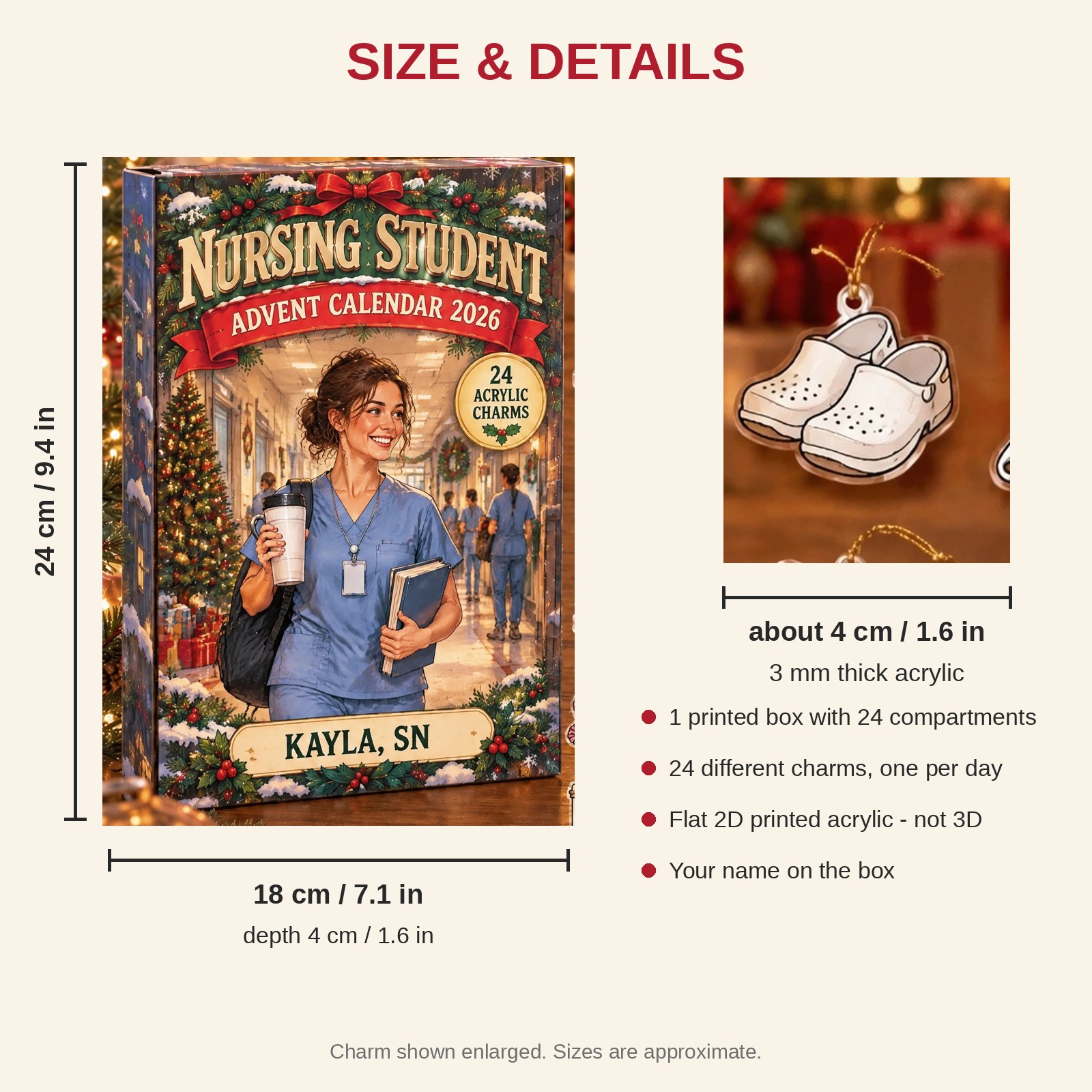Personalized Vintage Nursing Student advent calendar box with 24 flat acrylic Christmas charms: box and charm sizes