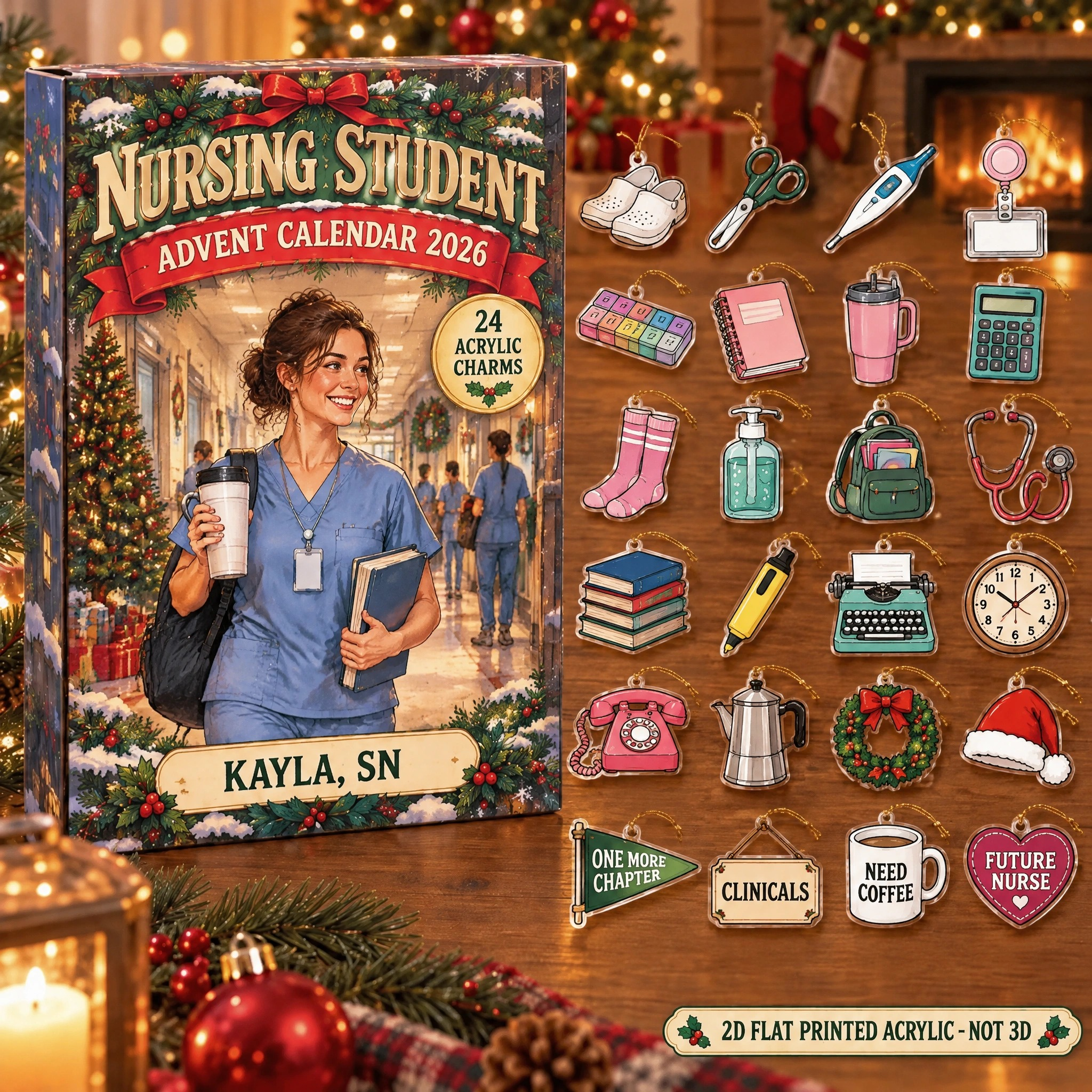 Personalized Vintage Nursing Student advent calendar box with 24 flat acrylic Christmas charms