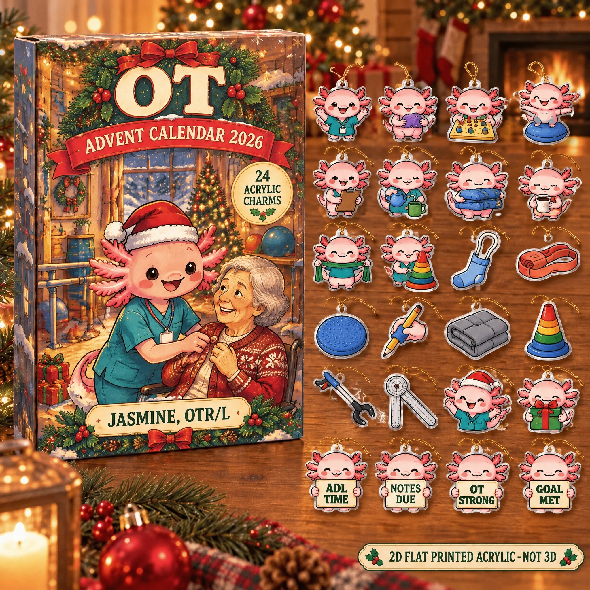 Personalized OT Axolotl advent calendar box with 24 flat acrylic Christmas charms