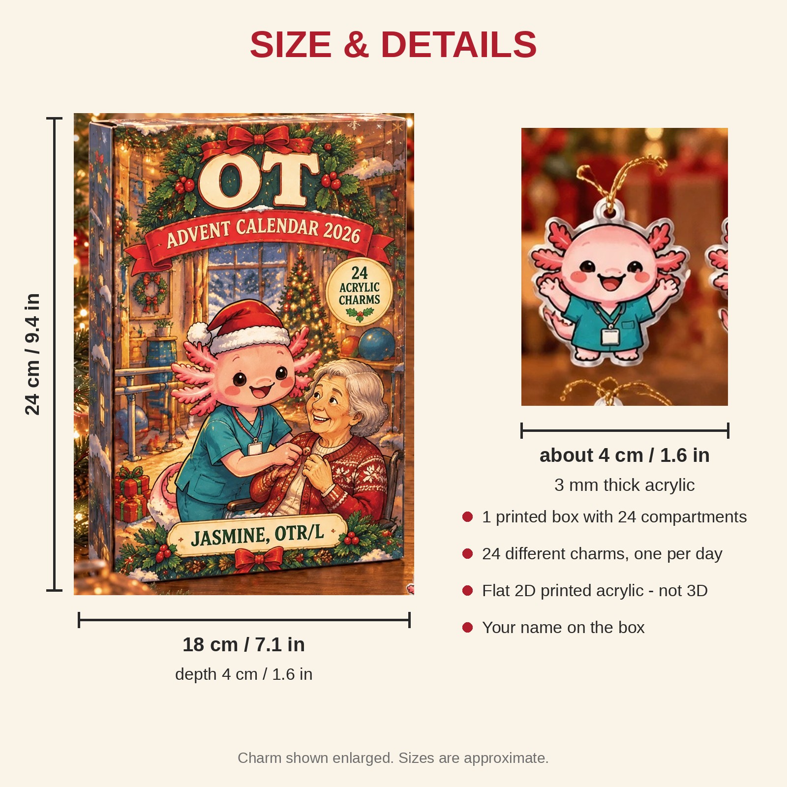 Personalized OT Axolotl advent calendar box with 24 flat acrylic Christmas charms: box and charm sizes