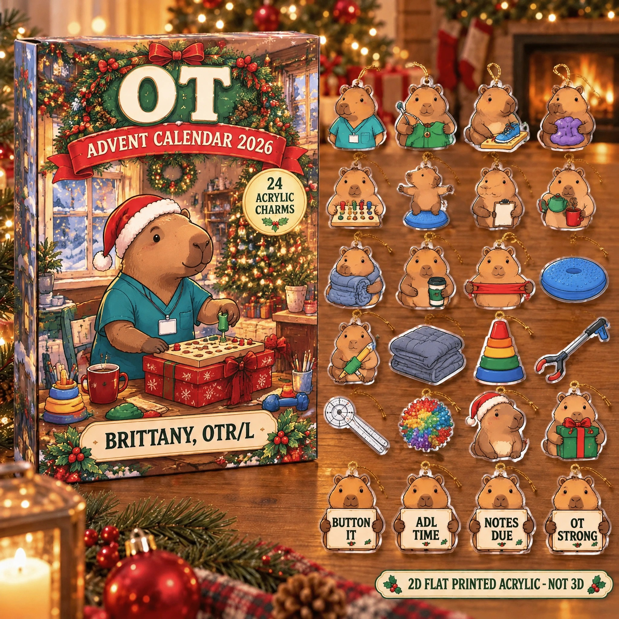 Personalized OT Capybara advent calendar box with 24 flat acrylic Christmas charms