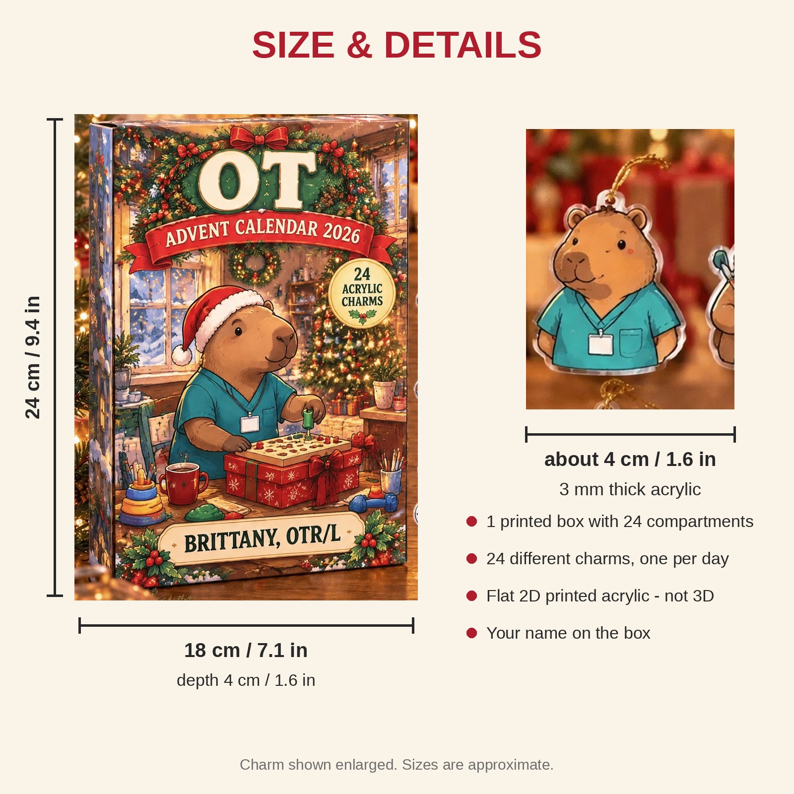 Personalized OT Capybara advent calendar box with 24 flat acrylic Christmas charms: box and charm sizes