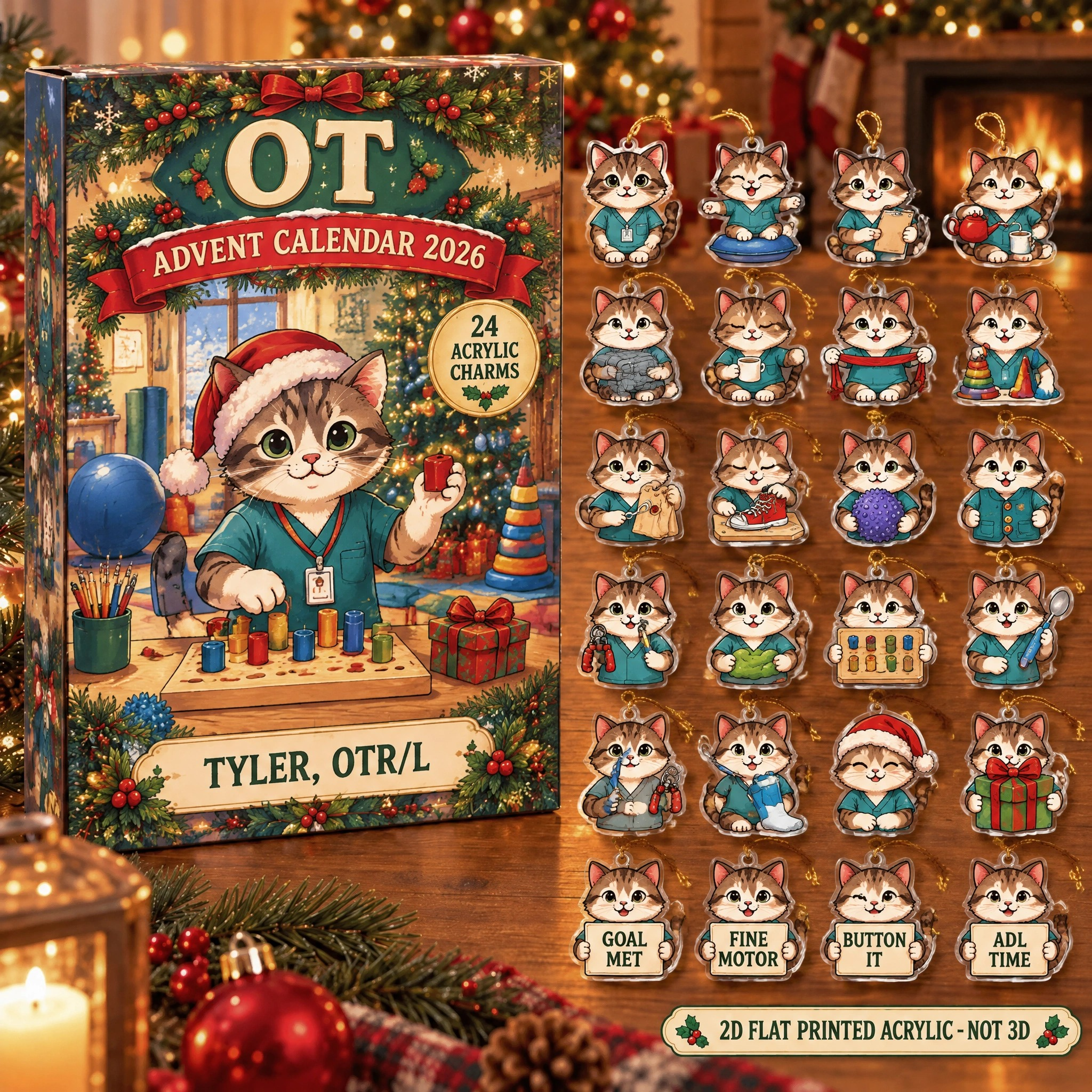 Personalized OT Cat advent calendar box with 24 flat acrylic Christmas charms