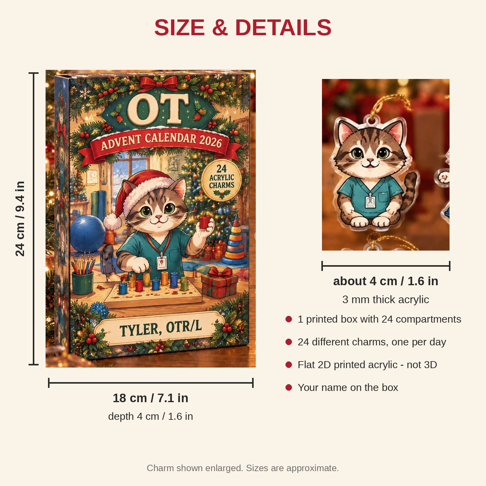 Personalized OT Cat advent calendar box with 24 flat acrylic Christmas charms: box and charm sizes