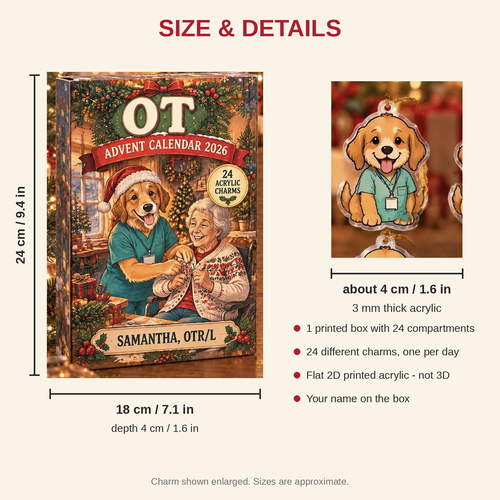Personalized OT Dog advent calendar box with 24 flat acrylic Christmas charms: box and charm sizes